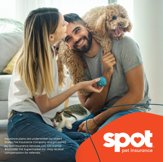 A happy couple sitting on the floor with a small dog on the man's shoulders and a cat on the woman's lap, with the Spot Pet Insurance logo in the corner. Text at the bottom reads: 'Insurance plans are underwritten by United States Fire Insurance Company and produced by Spot Insurance Services, LIC. CA License #6000188. Pet Supermarket Inc. may receive compensation for referrals.'