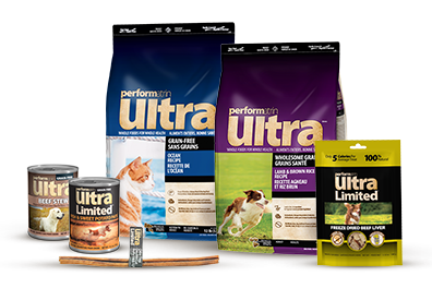 Variety of Performatrin Ultra pet food products displayed, including cans and bags, with the Performatrin Ultra branding.