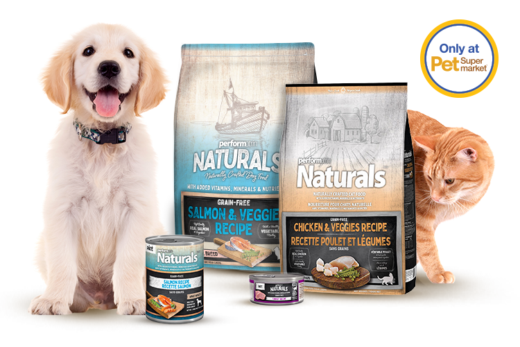 A golden retriever puppy lying next to Performatrin Naturals dog food products with a "Only at Pet Supermarket" label.