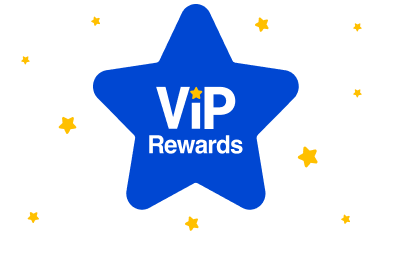  A blue star with the text "VIP Rewards" in white, surrounded by small yellow stars.