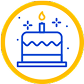 Blue birthday cake with a single lit candle and decorative sparkles, enclosed in a yellow circle.
