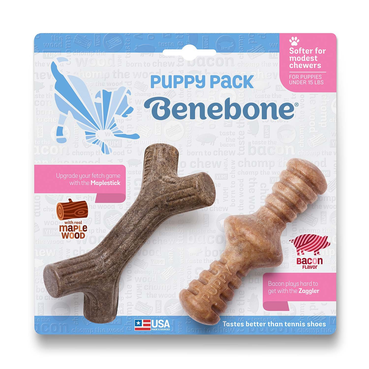 Benebone Puppy Stick & Zaggler Durable Dog Chew Toy For Puppies, 2-Pack Maplewood & Bacon, Extra Small