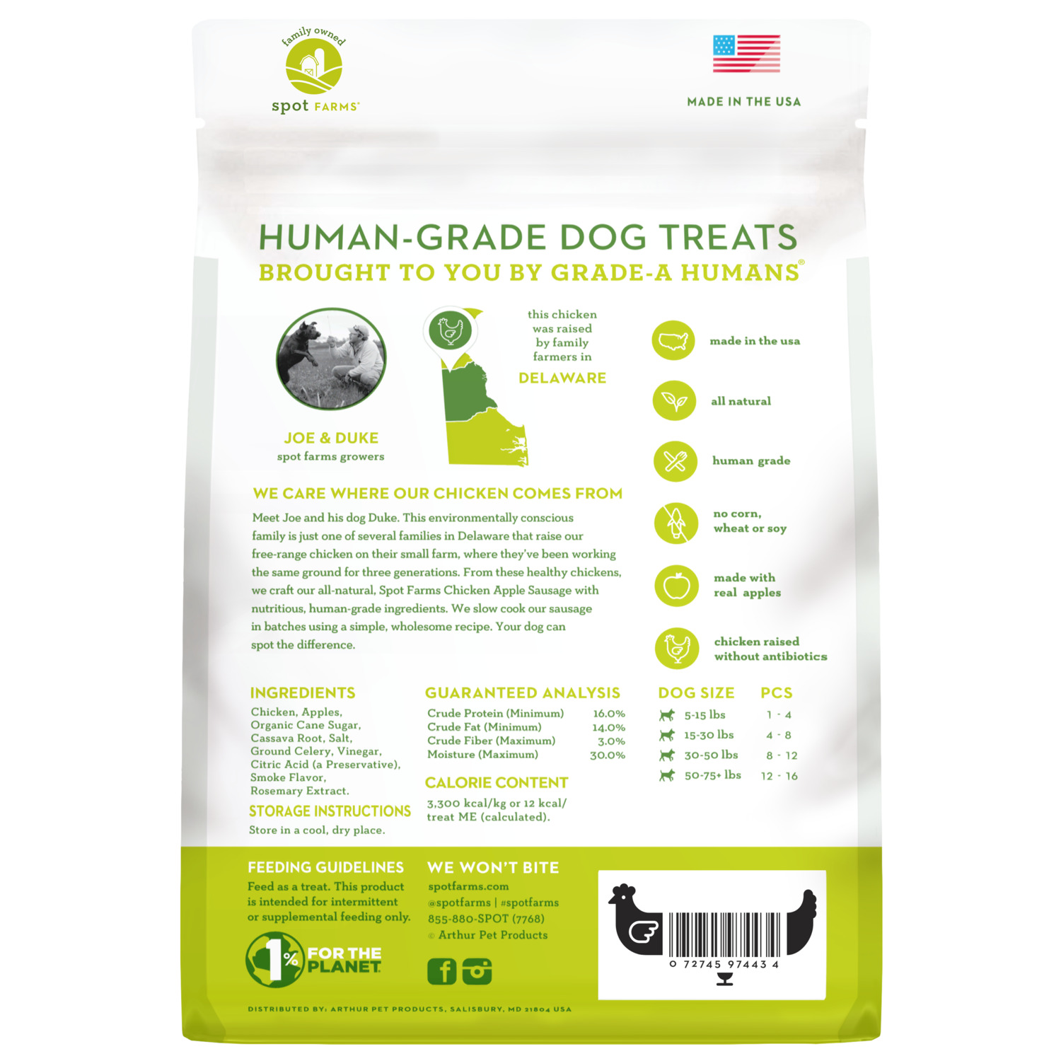 Spot Farms Chicken Apple Sausage Recipe All Natural Human Grade Dog Treats, 12.5Oz