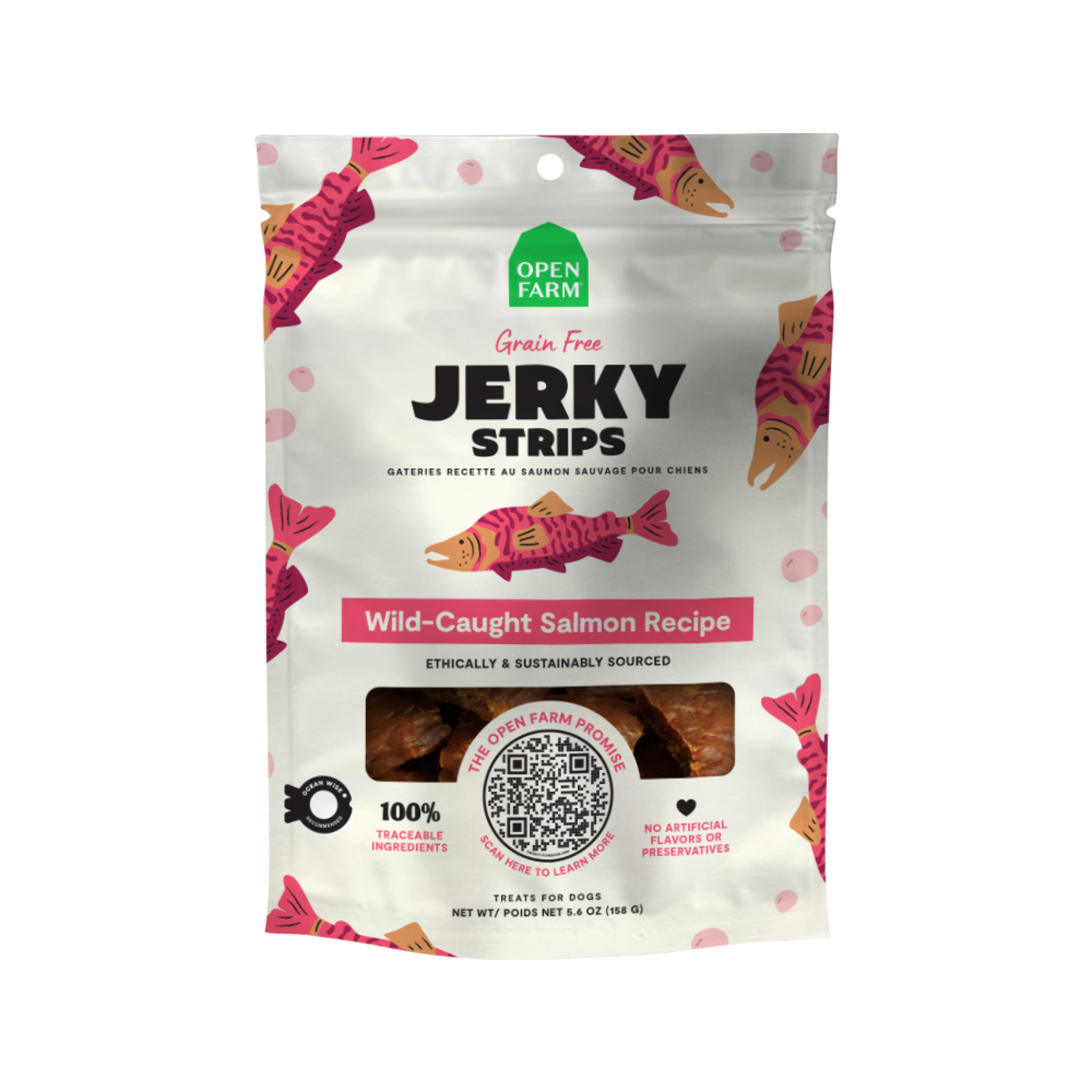 Open Farm Grain Free Jerky Strips Dog Treats, Wild-Caught Salmon, 5.6Oz
