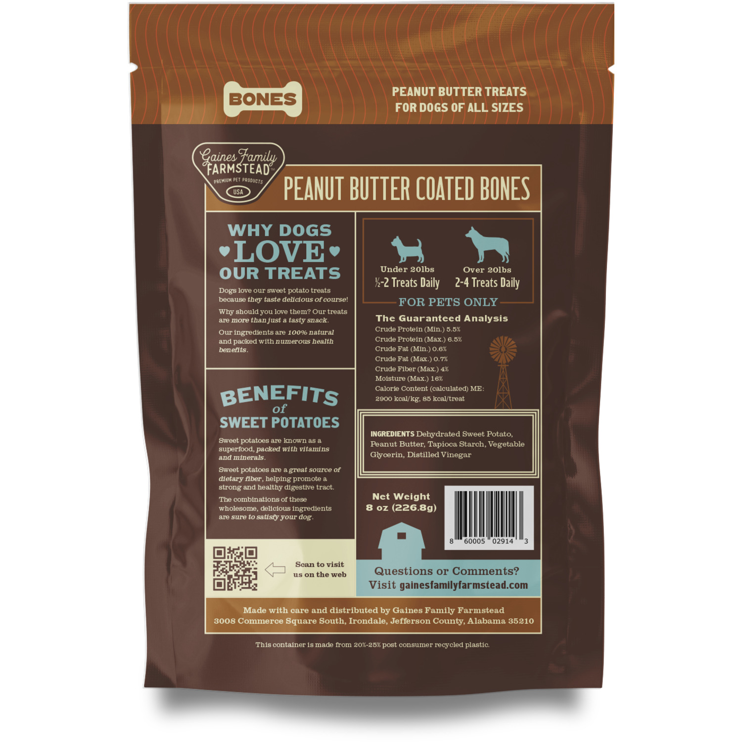 Gaines Family Farmstead Sweet Potato Bones With Peanut Butter Coating Dog Treats, 8Oz