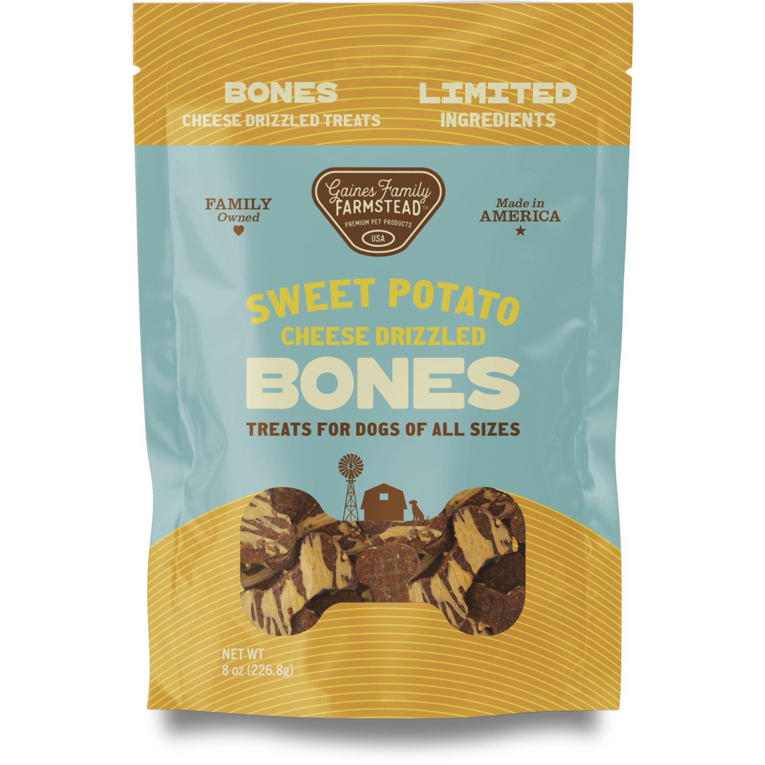 Gaines Family Farmstead Cheese Drizzled Sweet Potato Bones Dog Treats, 8Oz