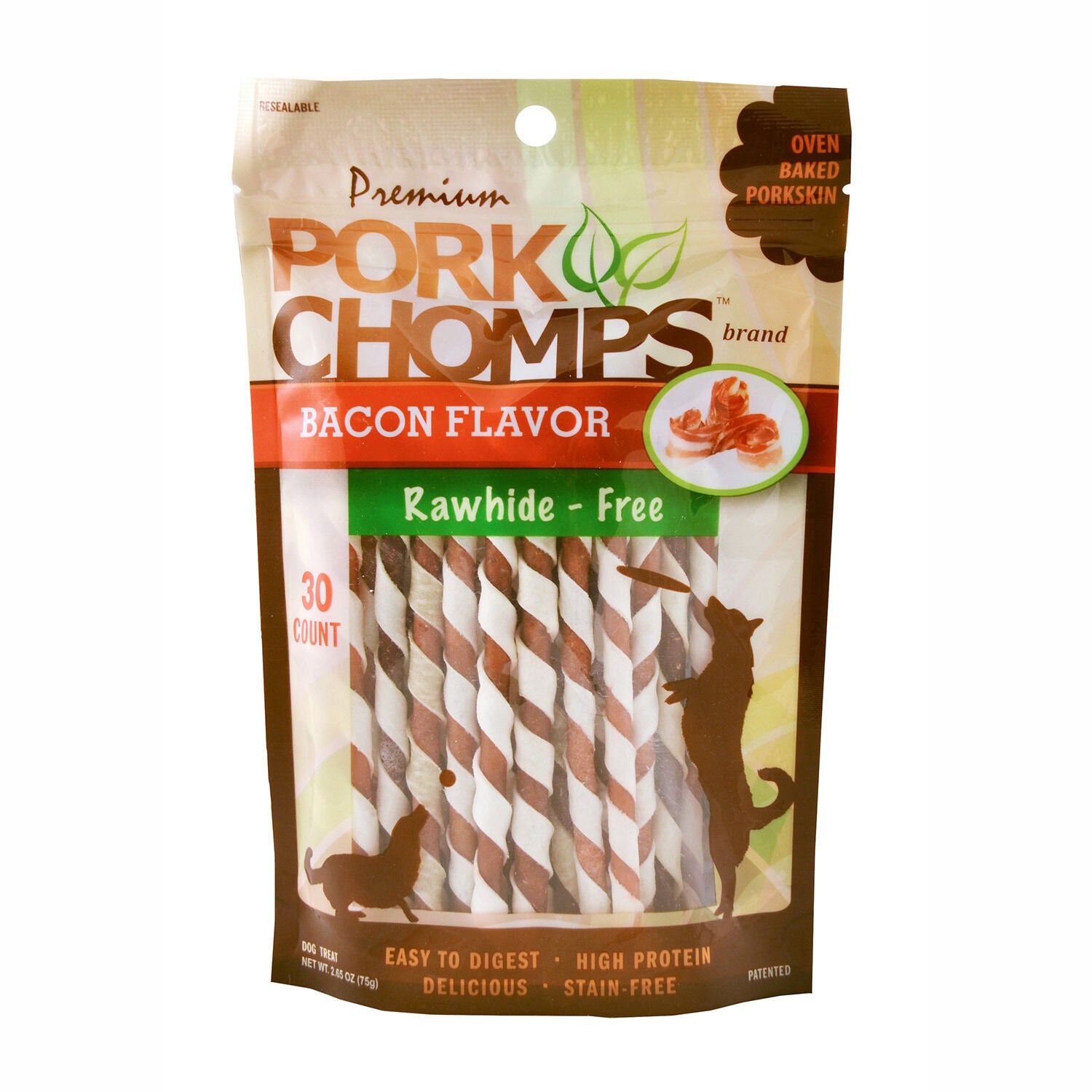 Pork Chomps Bacon Flavor Mini Twist Rawhide Alternative Dog Treats, 30-Pack