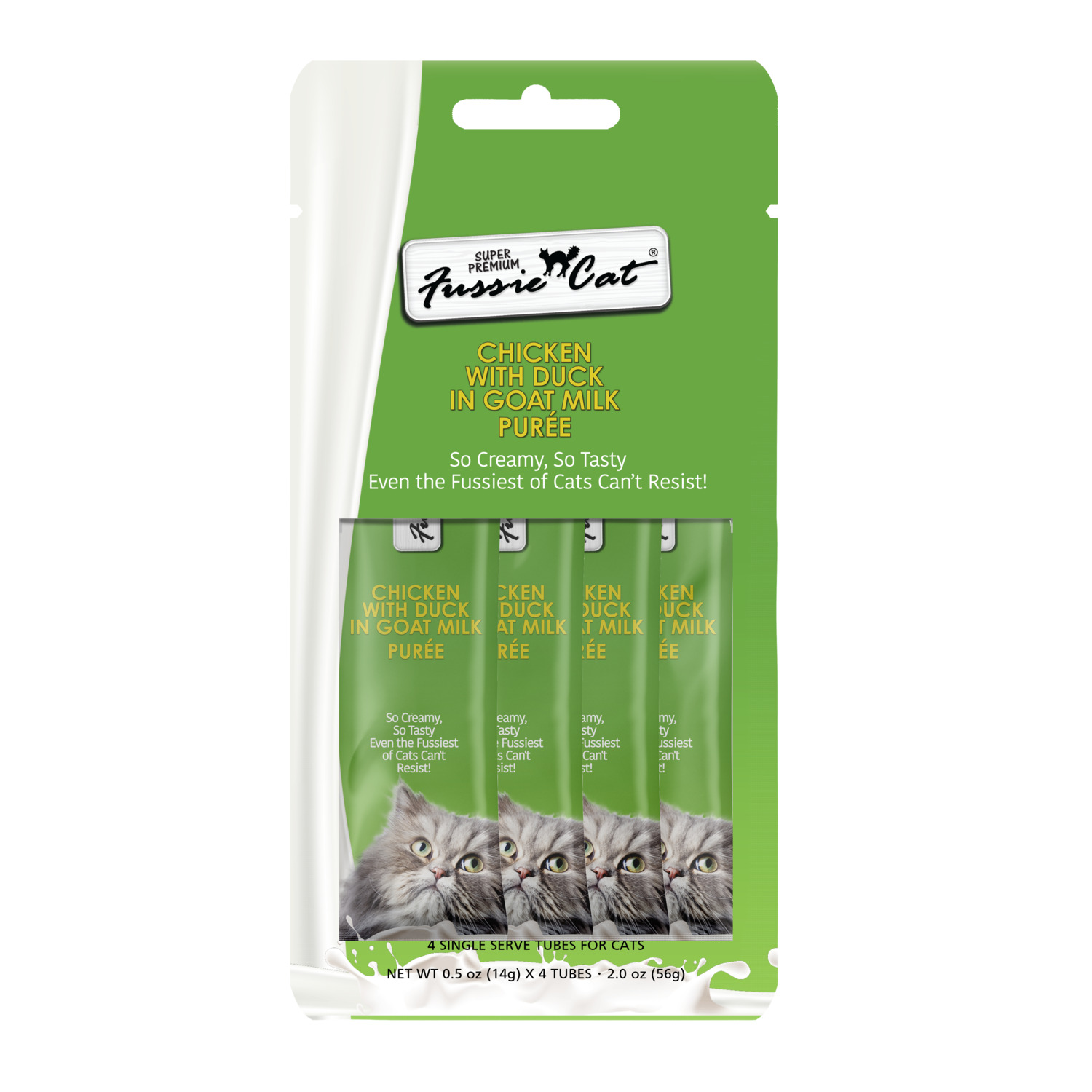 Fussie Cat Super Premium Chicken With Duck In Goat Milk Puree Lickable Cat Treat, 4-2Oz Tubes