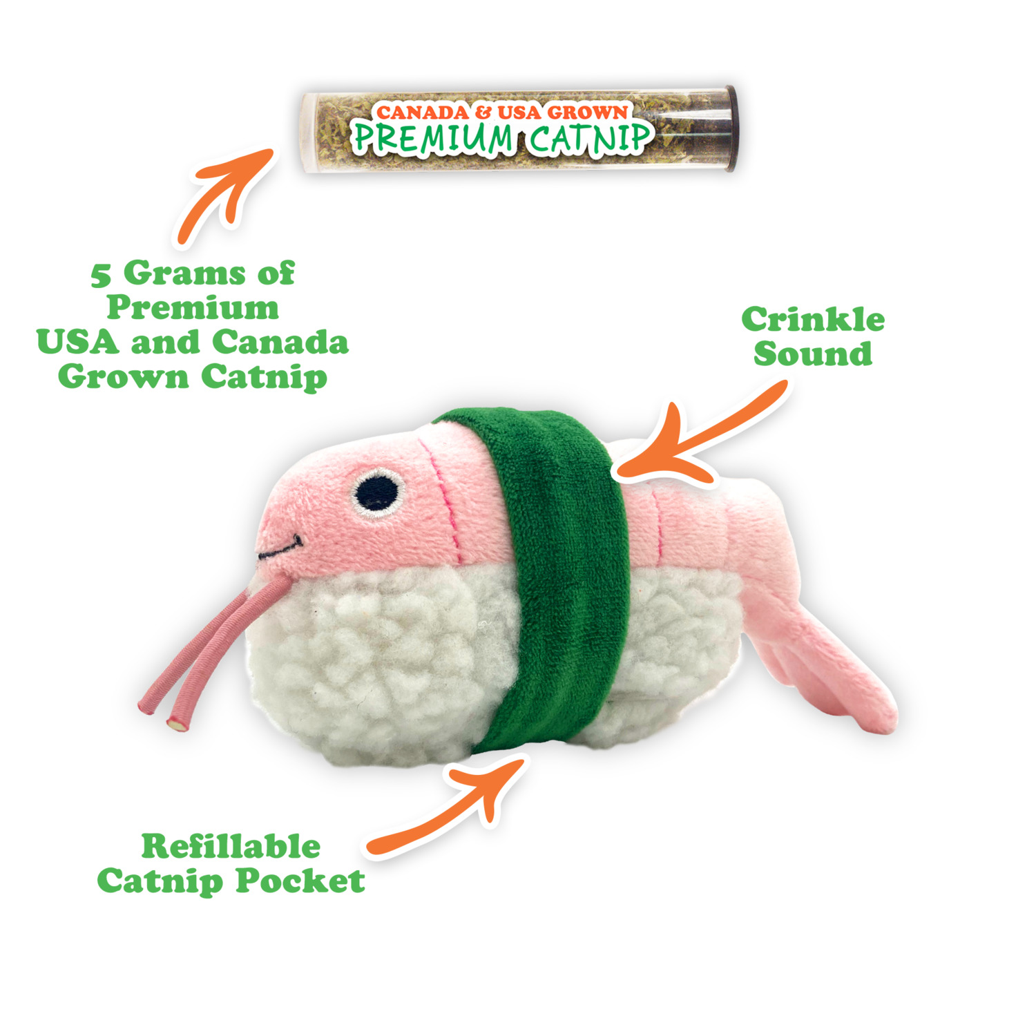 Meowijuana Get Wrapped Refillable Shrimp Sushi Roll & Catnip Cat Toy
