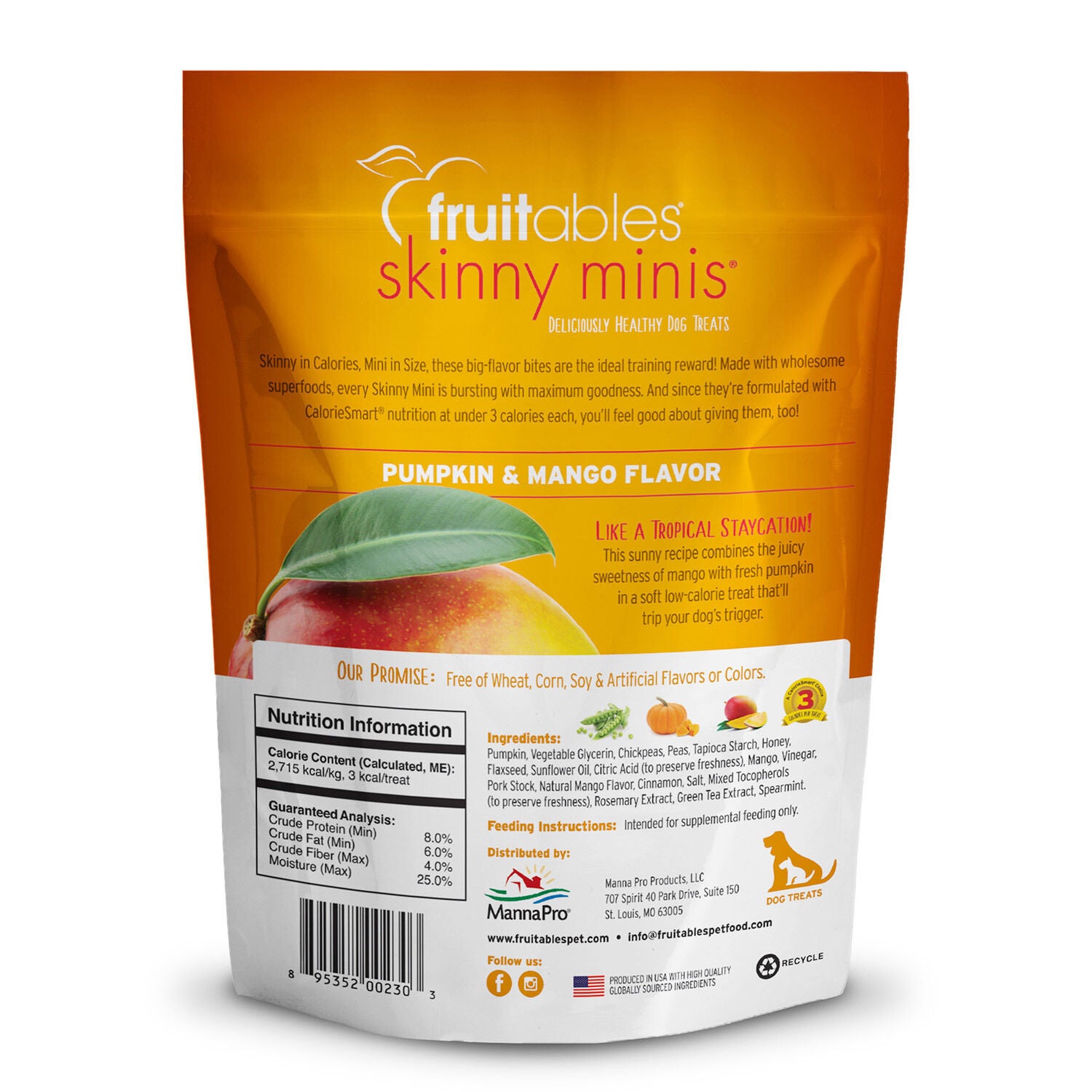 Fruitables Skinny Minis Grain Free Low Calorie Dog Treats, Pumpkin & Mango Flavor