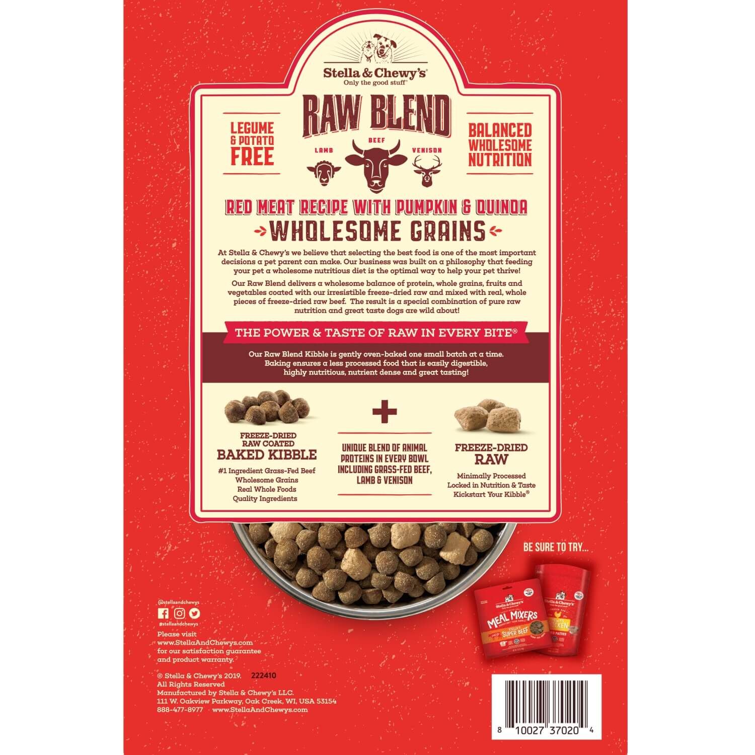 Stella & Chewy's Raw Blend Wholesome Grains Kibble With Freeze Dried Raw Pieces Dry Dog Food, Red Meat Recipe