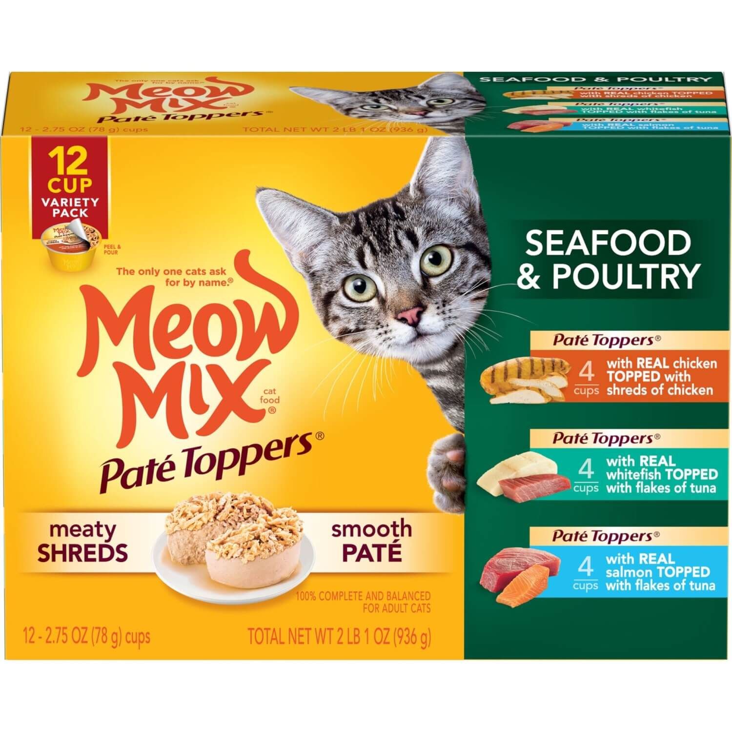 Meow Mix Pate Toppers Seafood And Poultry Recipe Wet Cat Food Variety Pack, 12-2.75Oz Cups
