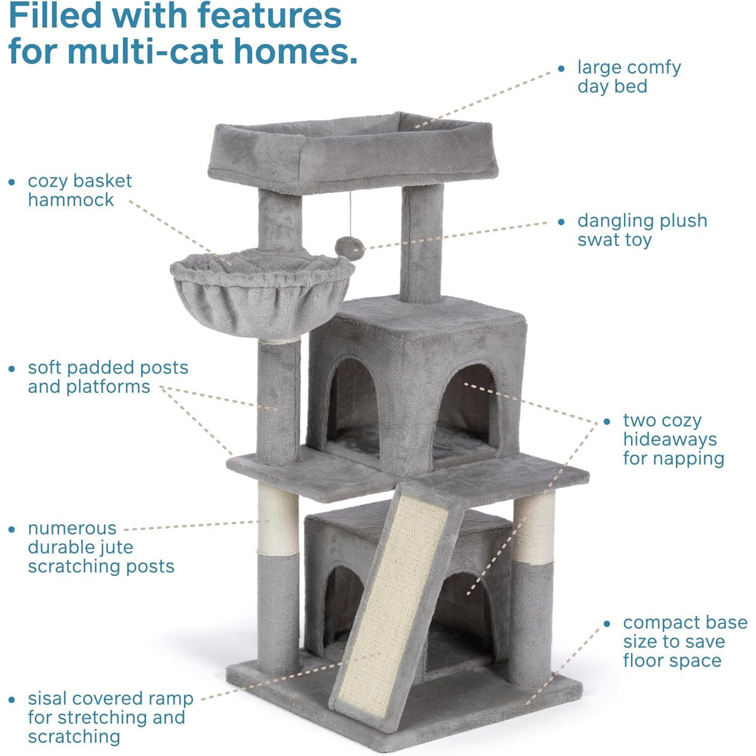Prevue Pet Products Kitty Power Paws Comfy Interactive Cat Tree Tower With Cat Scratcher, Gray