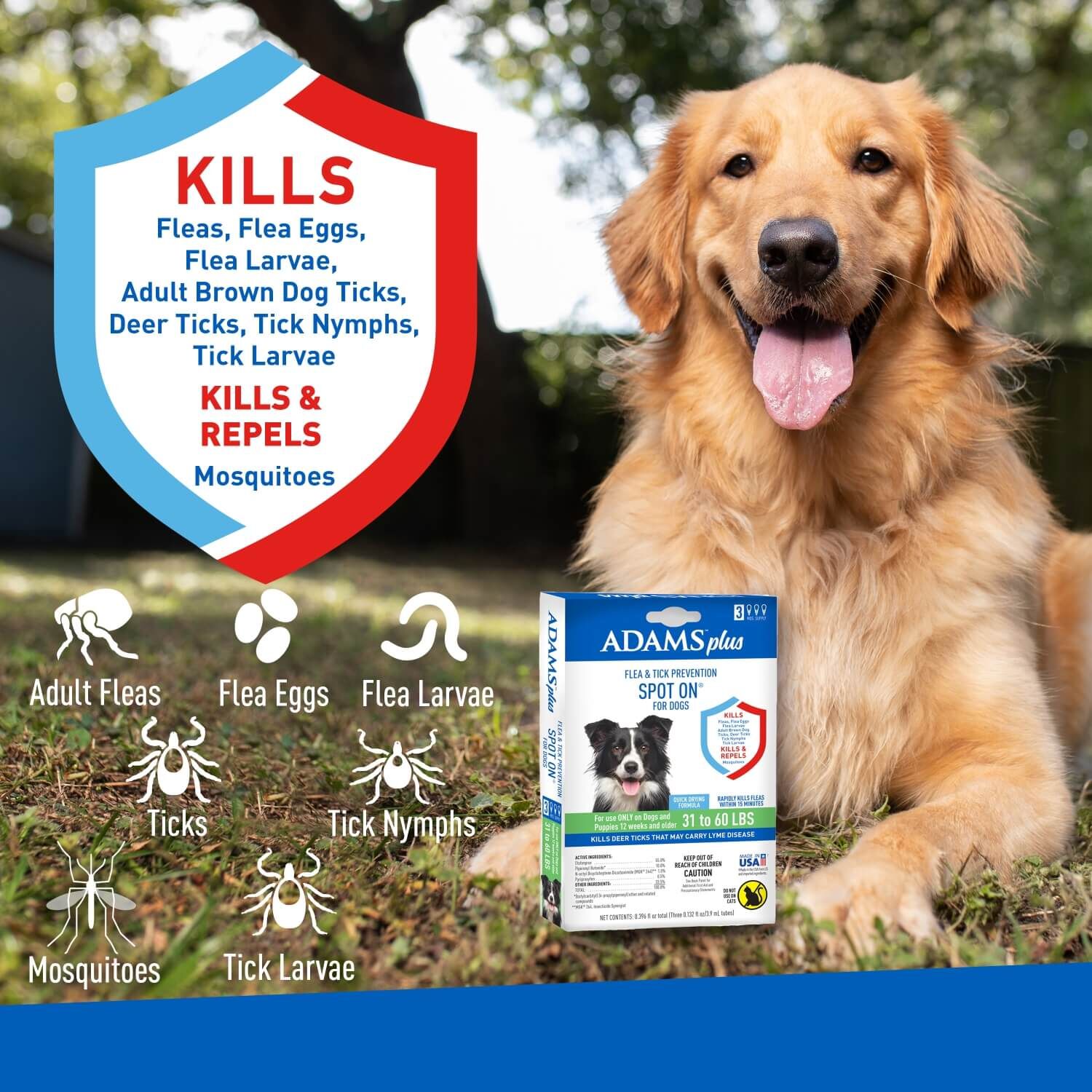 Adams Plus Flea & Tick Prevention Spot On For Dogs, Large Dogs 31-60 Lbs