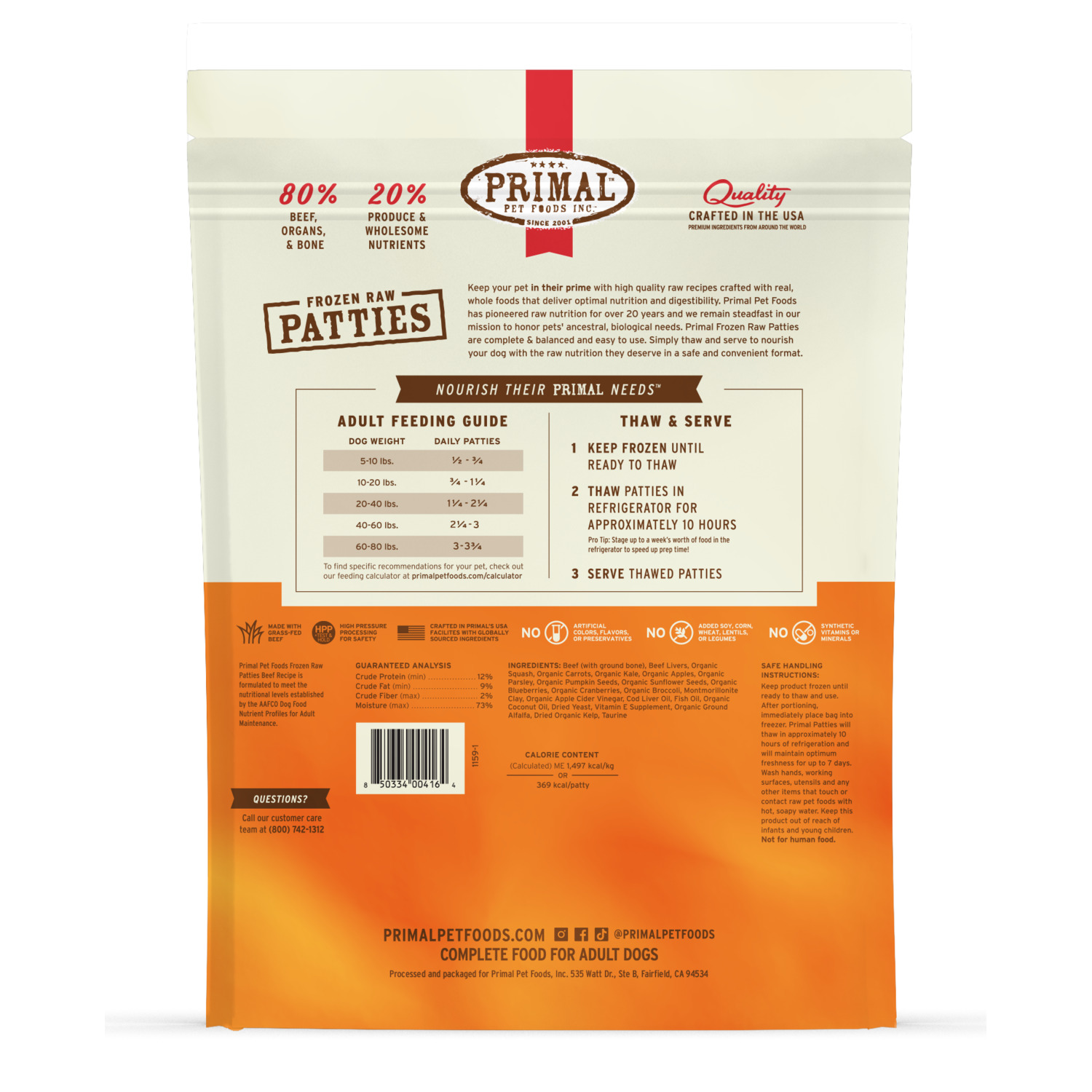 Primal Raw Patties Beef Frozen Dog Food, 6-Lb Bag