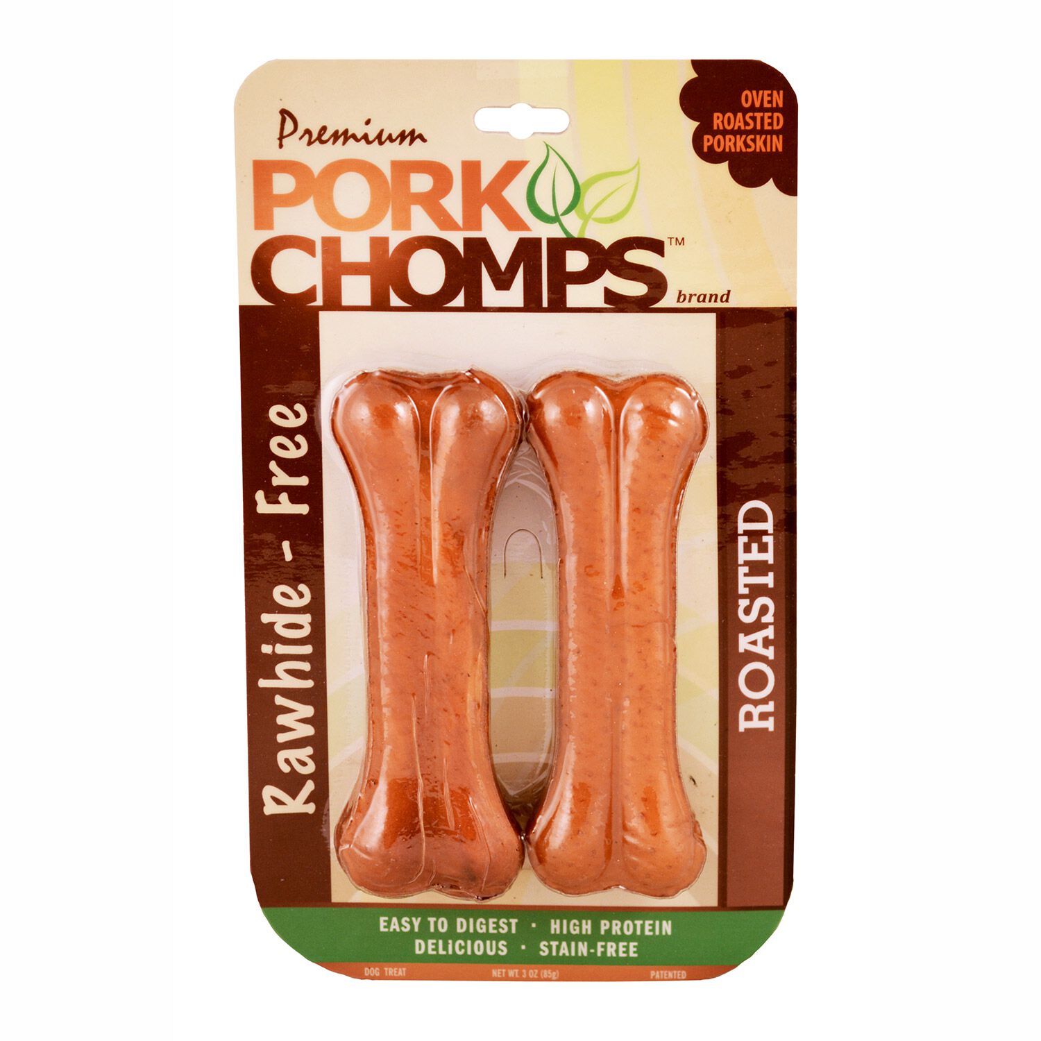 Pork Chomps Roasted Pressed Bone Rawhide Alternative Dog Treats, Oven Roasted Porkskin, 4.5", 2-Pk