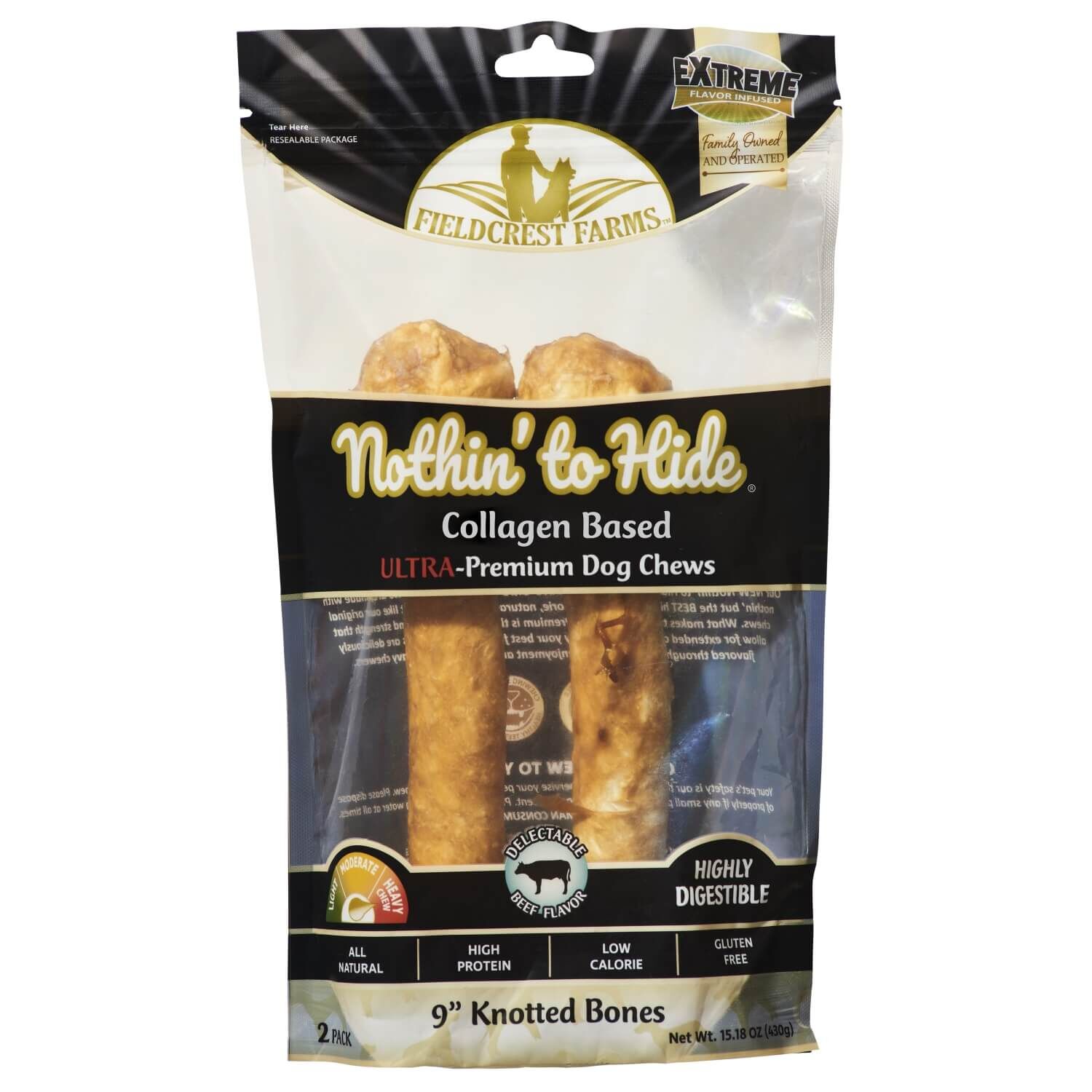 Nothin' To Hide Collagen Based Ultra Knotted Bone Dog Treats, 9" Beef Flavor Chews, 2 Count
