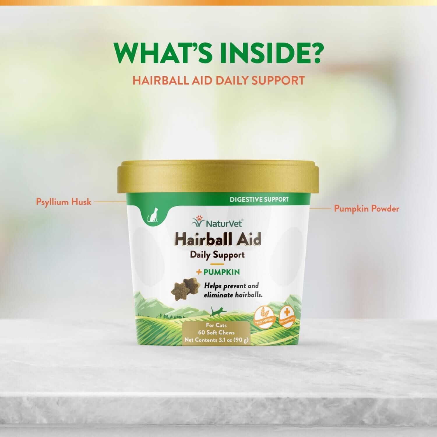 Naturvet Hairball Aid Daily Support + Pumpkin Soft Chew Supplement For Cats, 60Ct