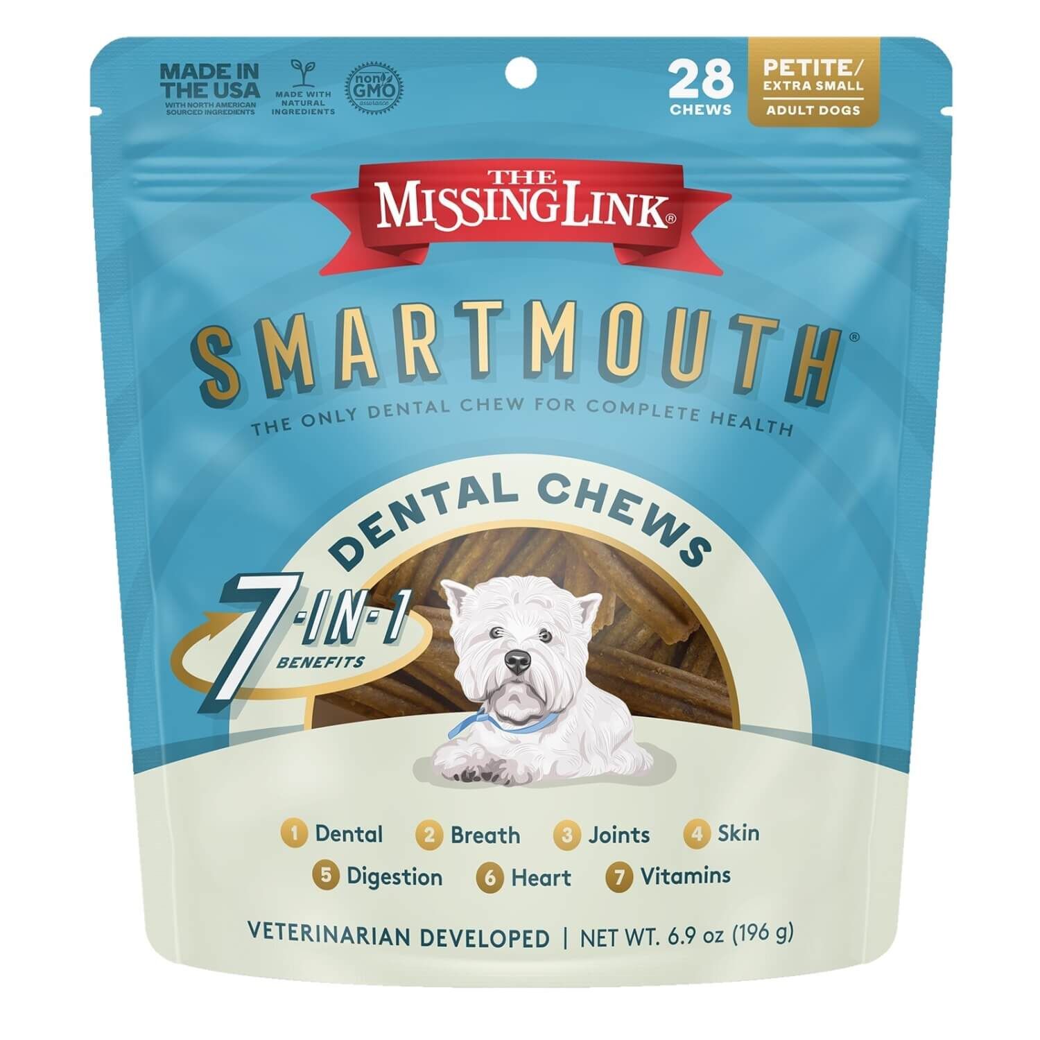 The Missing Link Smartmouth 7-In-1 Dental Chew Dog Treats For Petite/Extra Small Dogs