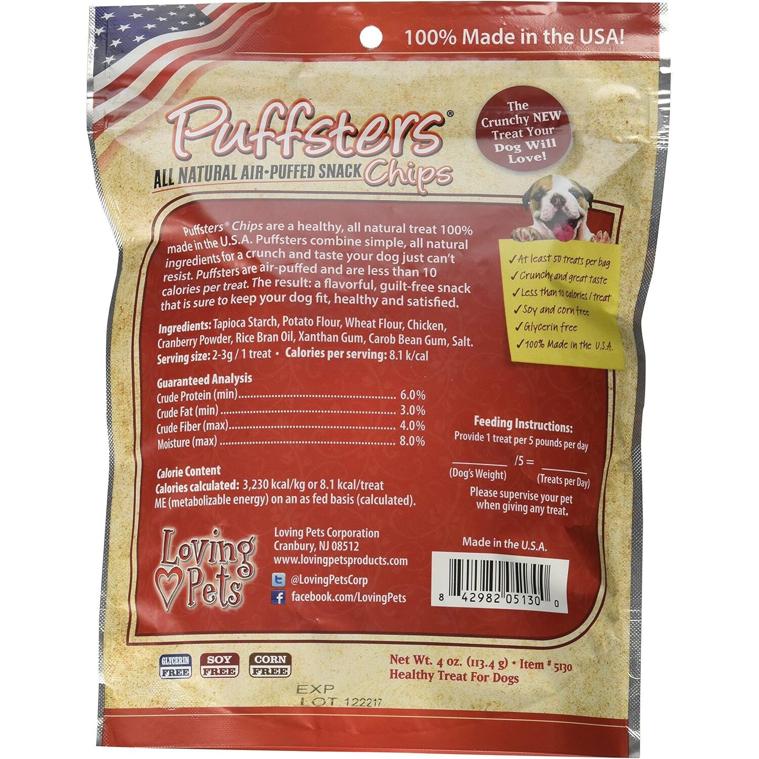 Loving Pets Puffsters Cranberry And Chicken Chips Low-Fat Dog Treats, 4Oz