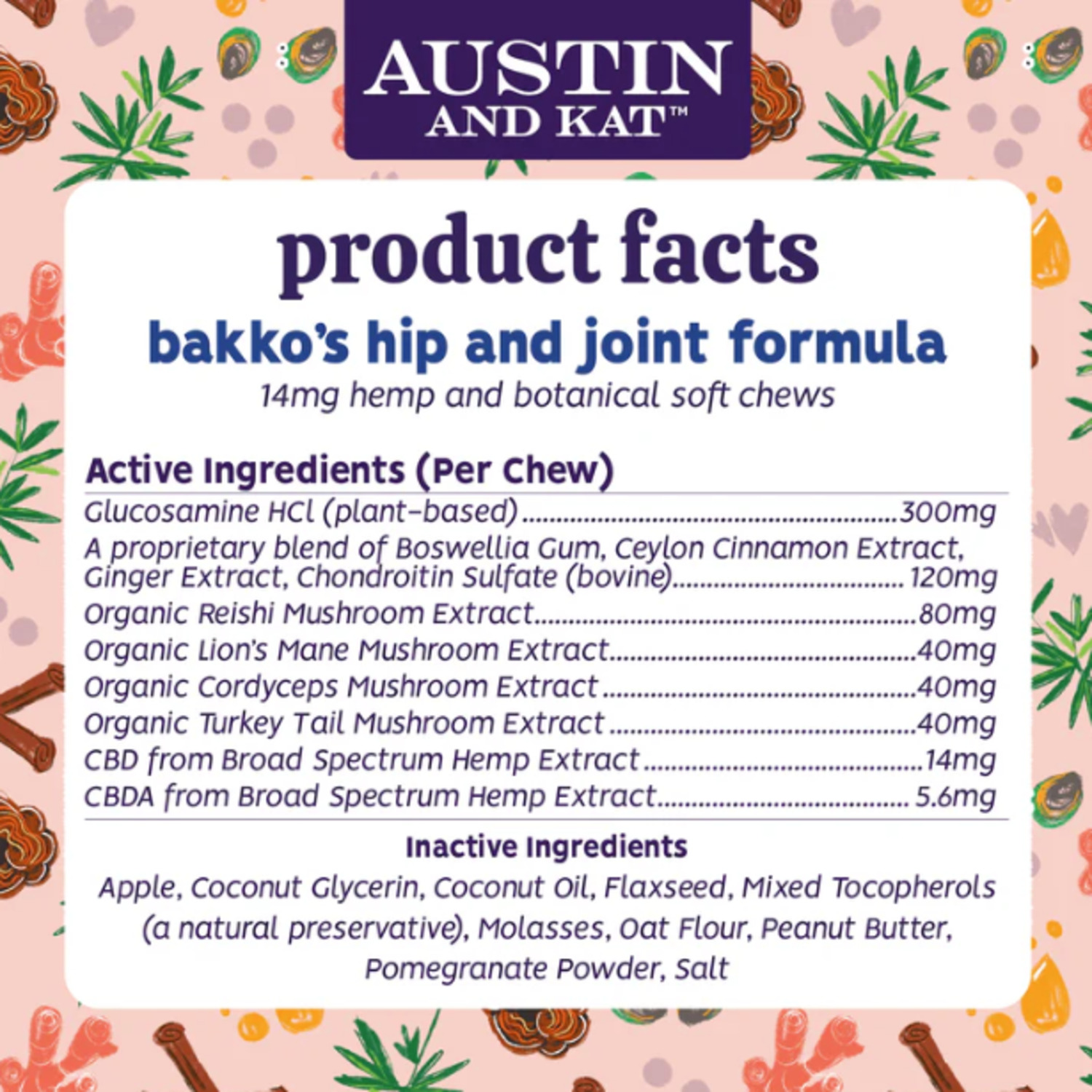 Austin & Kat Bakkos Total Hip & Joint 14Mg Cbd Soft Chews Dog Supplement, 30 Chews