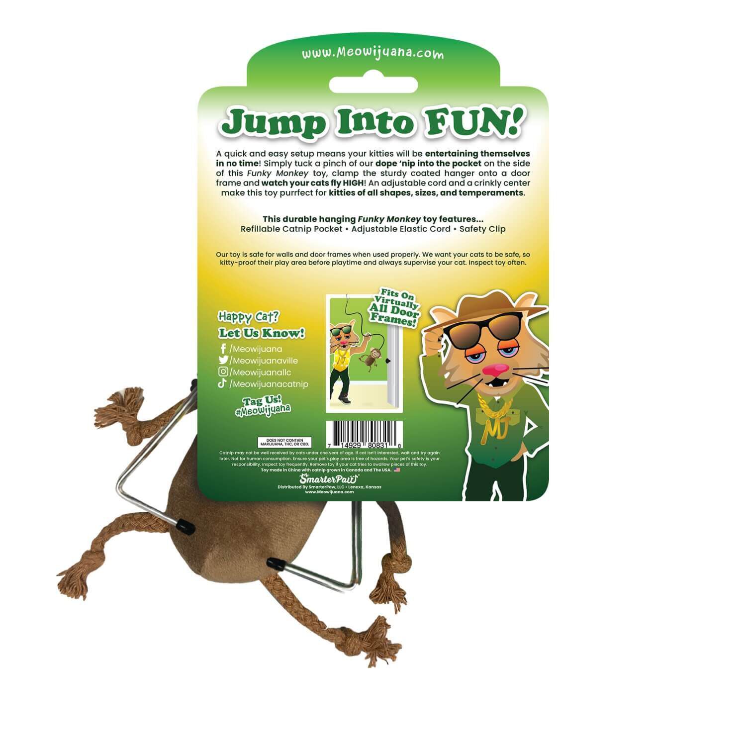 Meowijuana Jump 'N' Jamb Funky Monkey Hanging Refillable Catnip Cat Toy
