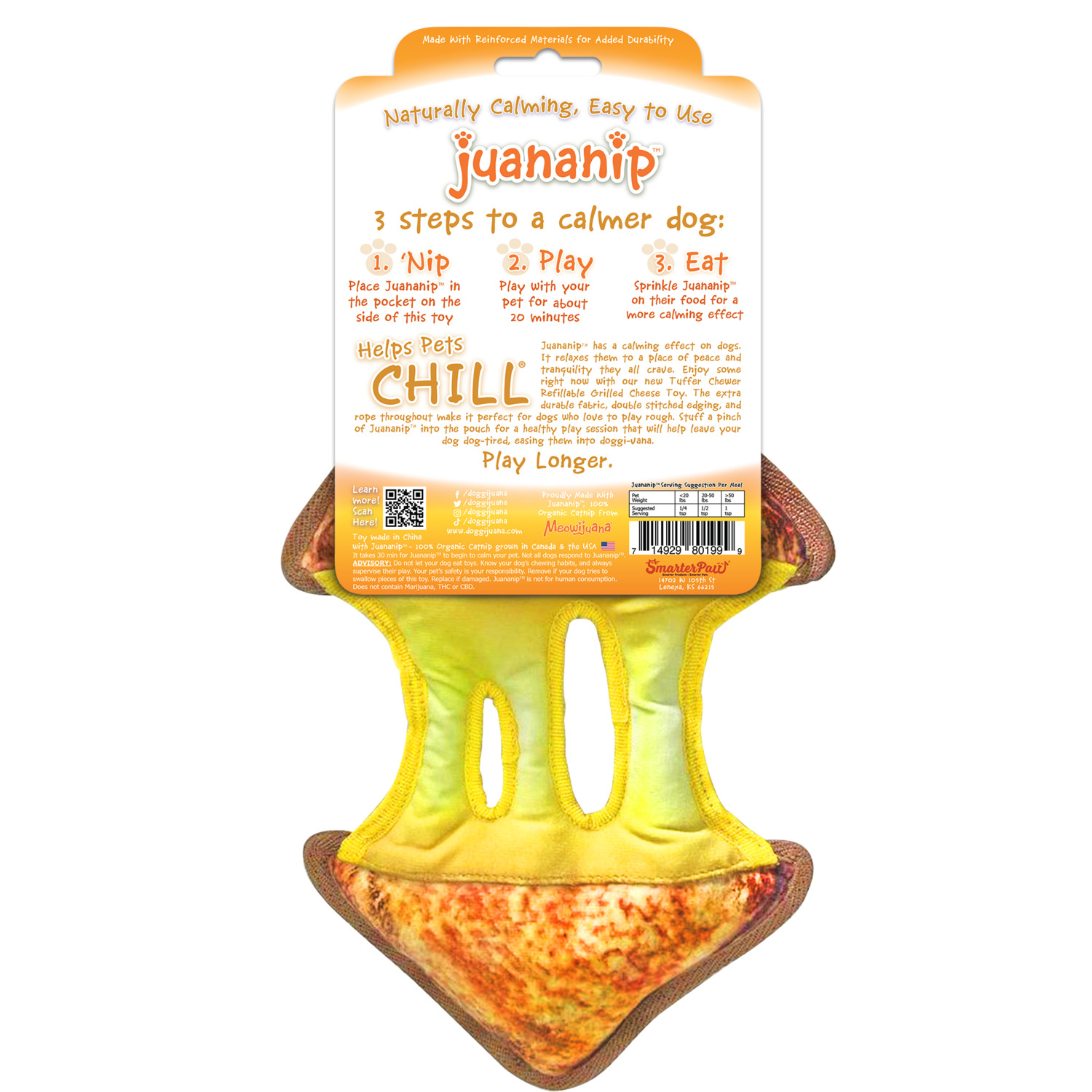Doggijuana Tuffer Chewer Grilled Cheese Refillable Juananip Dog Toy