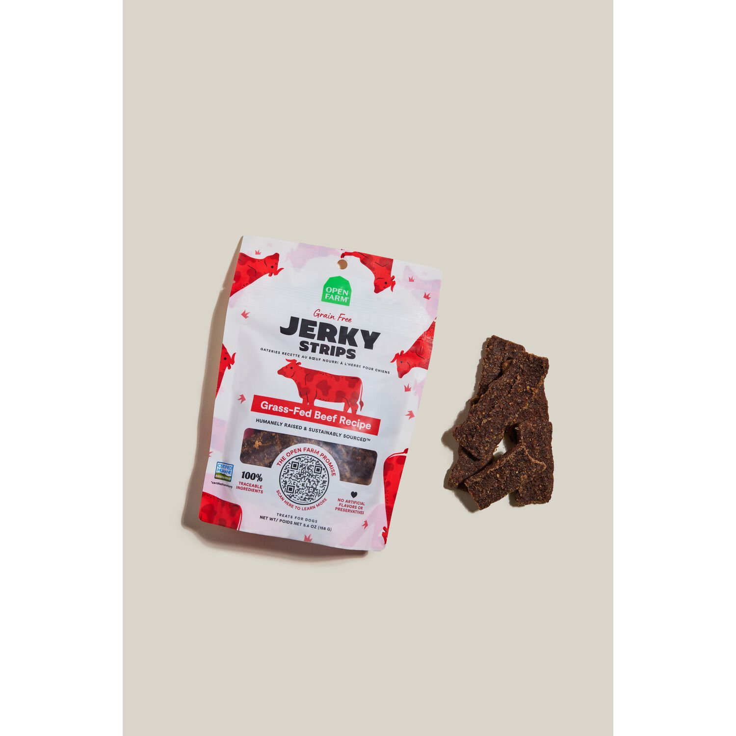 Open Farm Jerky Strips Grain-Free Dog Treats, Grass-Fed Beef, 5.6Oz
