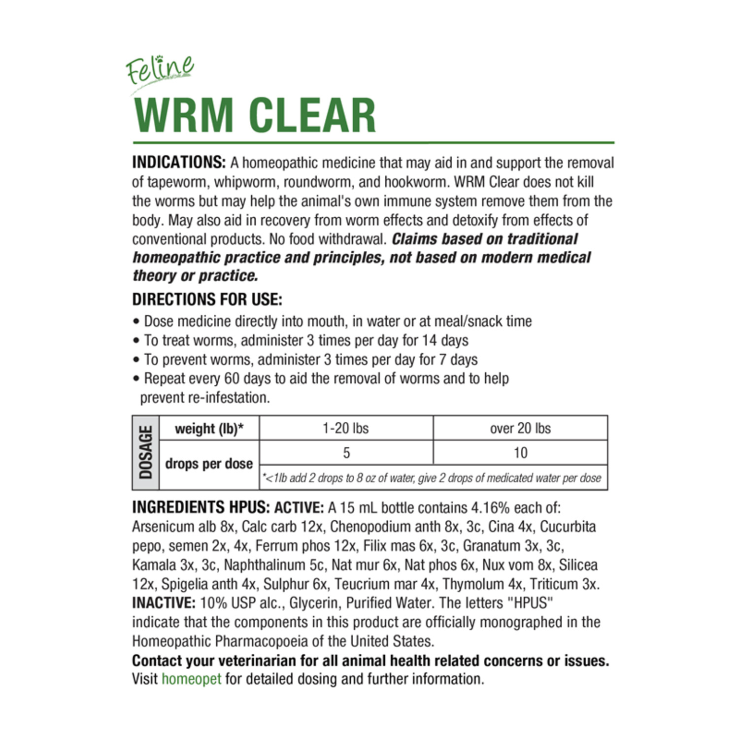 Homeopet Feline Wrm Clear Cat Deworming Aid, 15 Ml