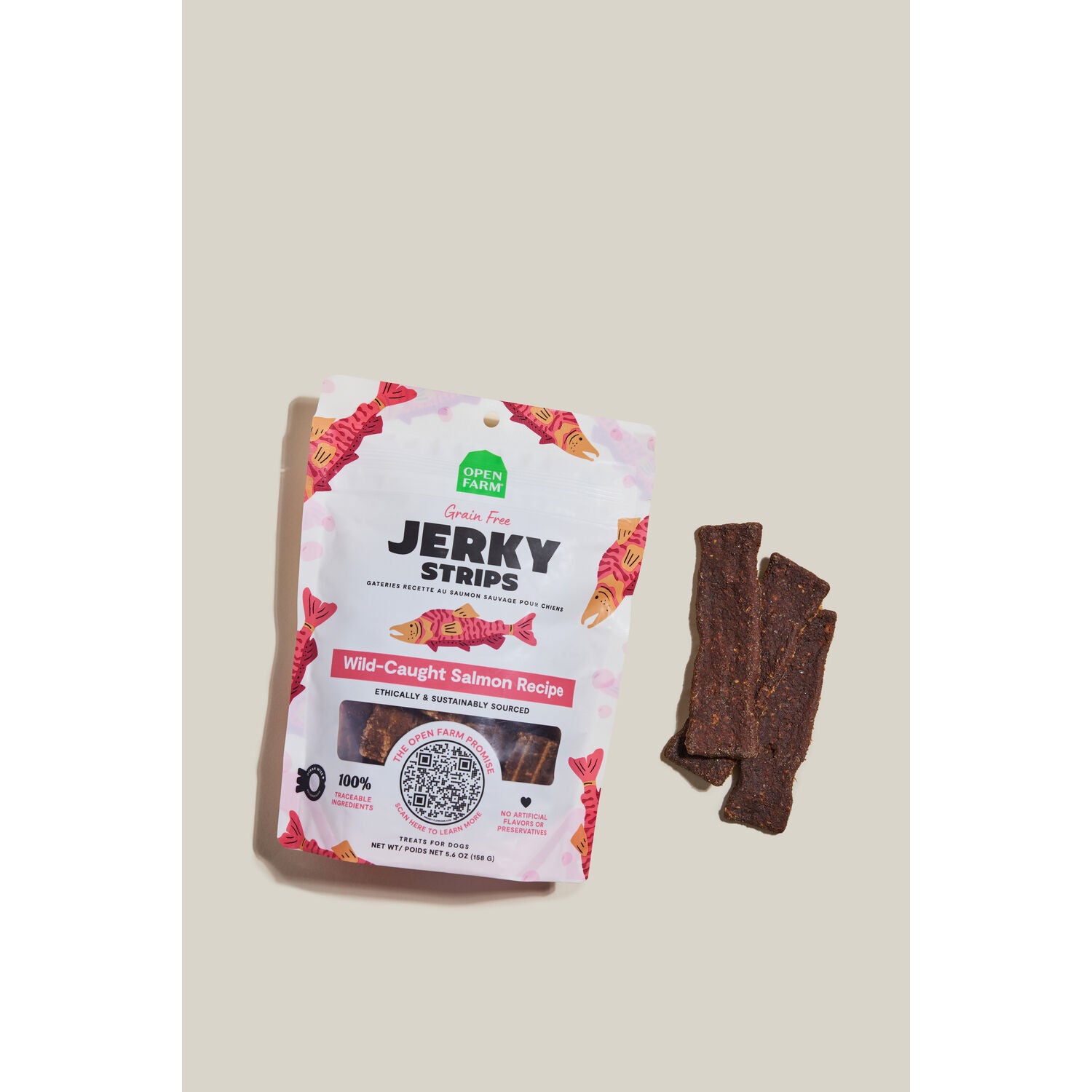 Open Farm Grain Free Jerky Strips Dog Treats, Wild-Caught Salmon, 5.6Oz