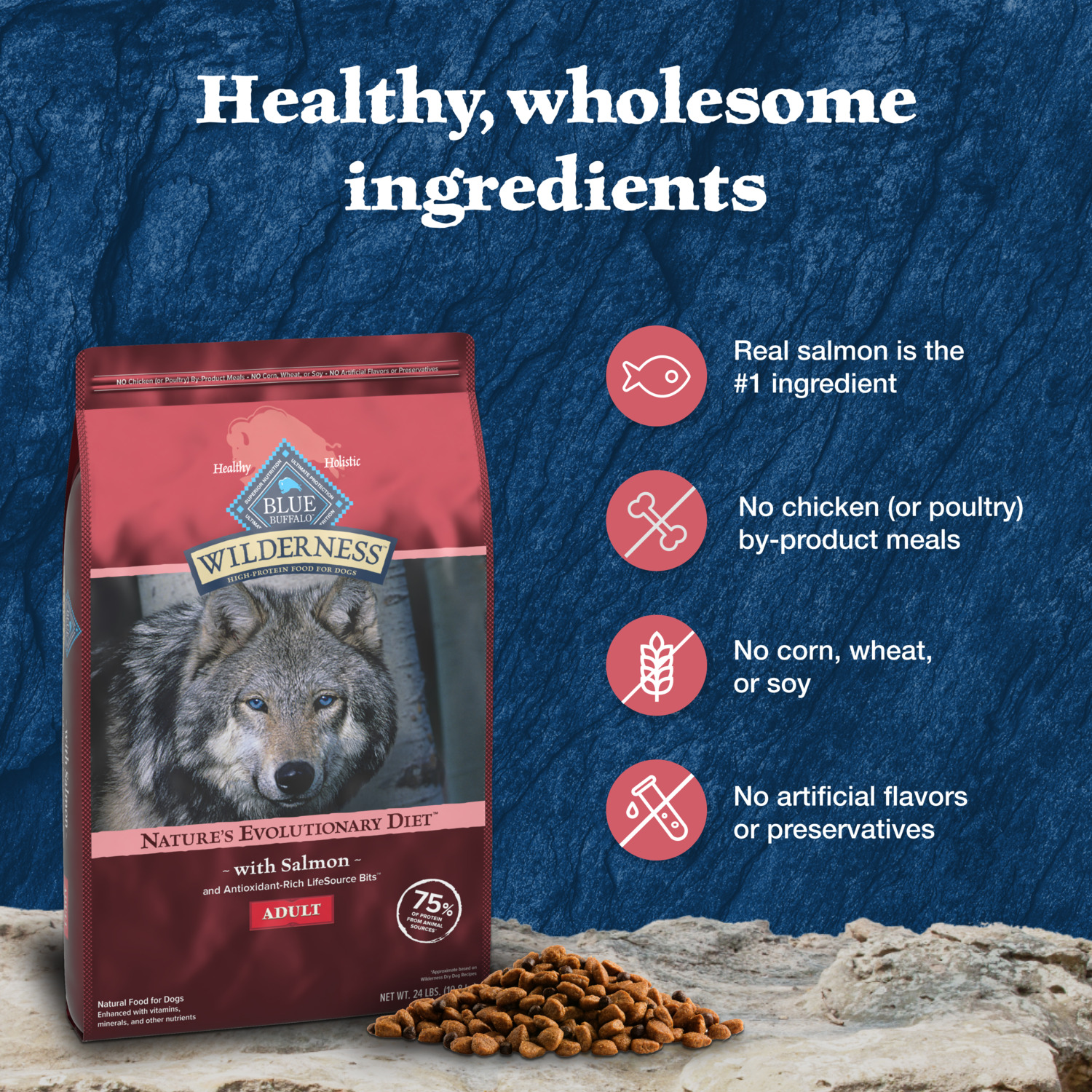Blue Buffalo Wilderness High Protein Natural Adult Dry Dog Food Plus Wholesome Grains, Salmon, 13Lb