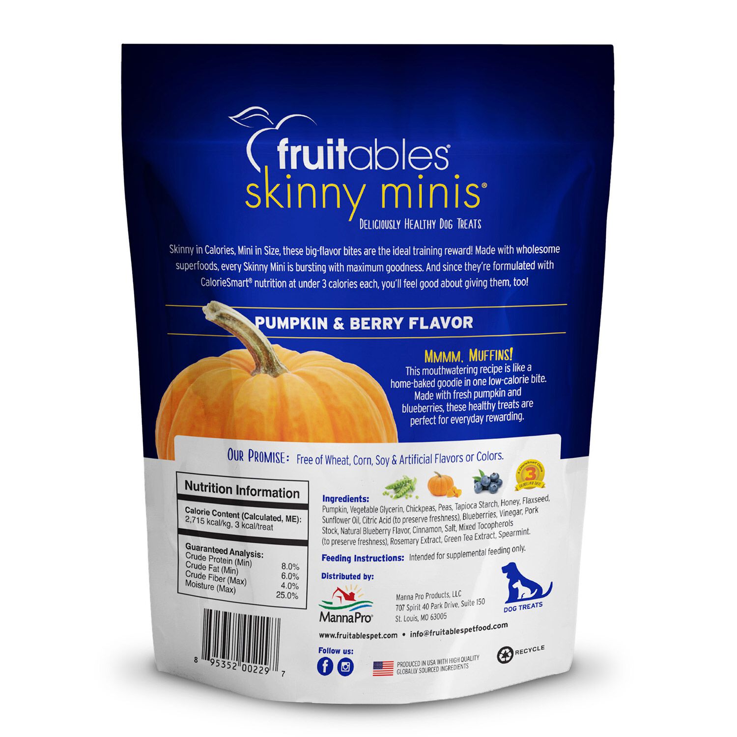 Fruitables Skinny Minis Grain Free Low Calorie Dog Treats, Pumpkin & Blueberry Flavor