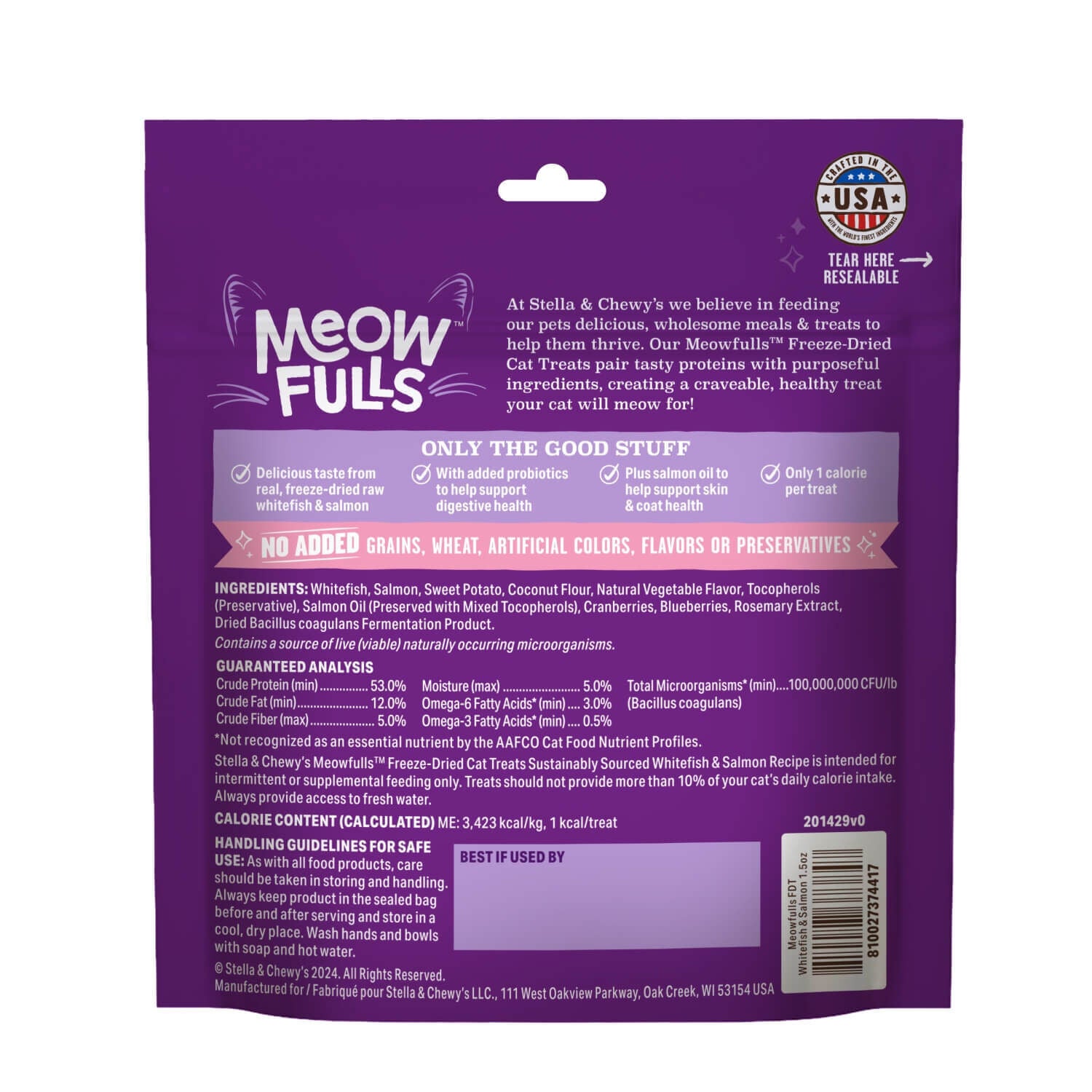 Stella & Chewy's Meowfulls Freeze Dried Cat Treats, Whitefish & Salmon Recipe