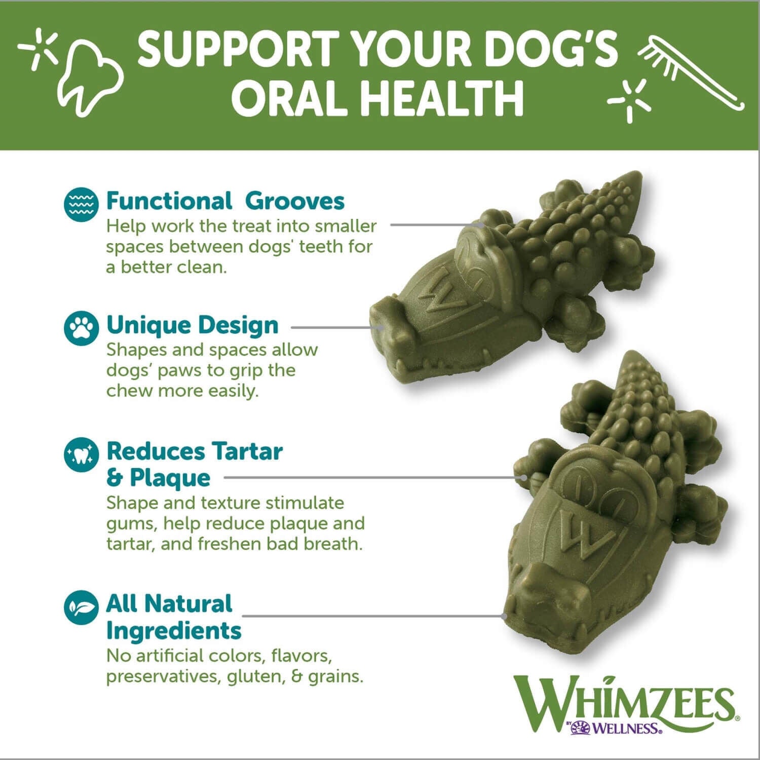 Whimzees Alligator Natural Grain Free Dental Dog Treats, Large, 1 Count