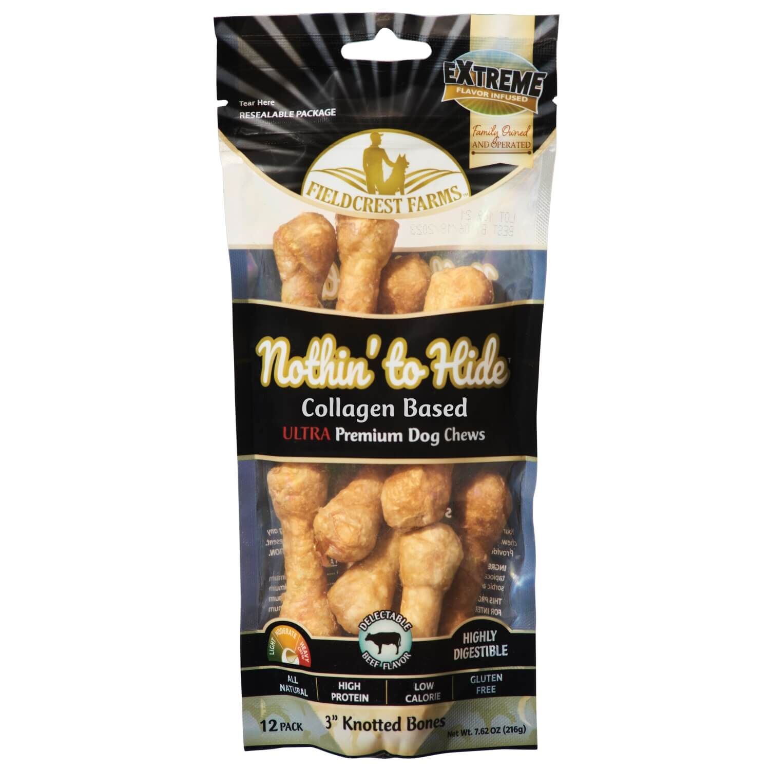 Nothin' To Hide Collagen Based Ultra Knotted Bone Dog Treats, 3" Beef Flavor Chews, 12 Count