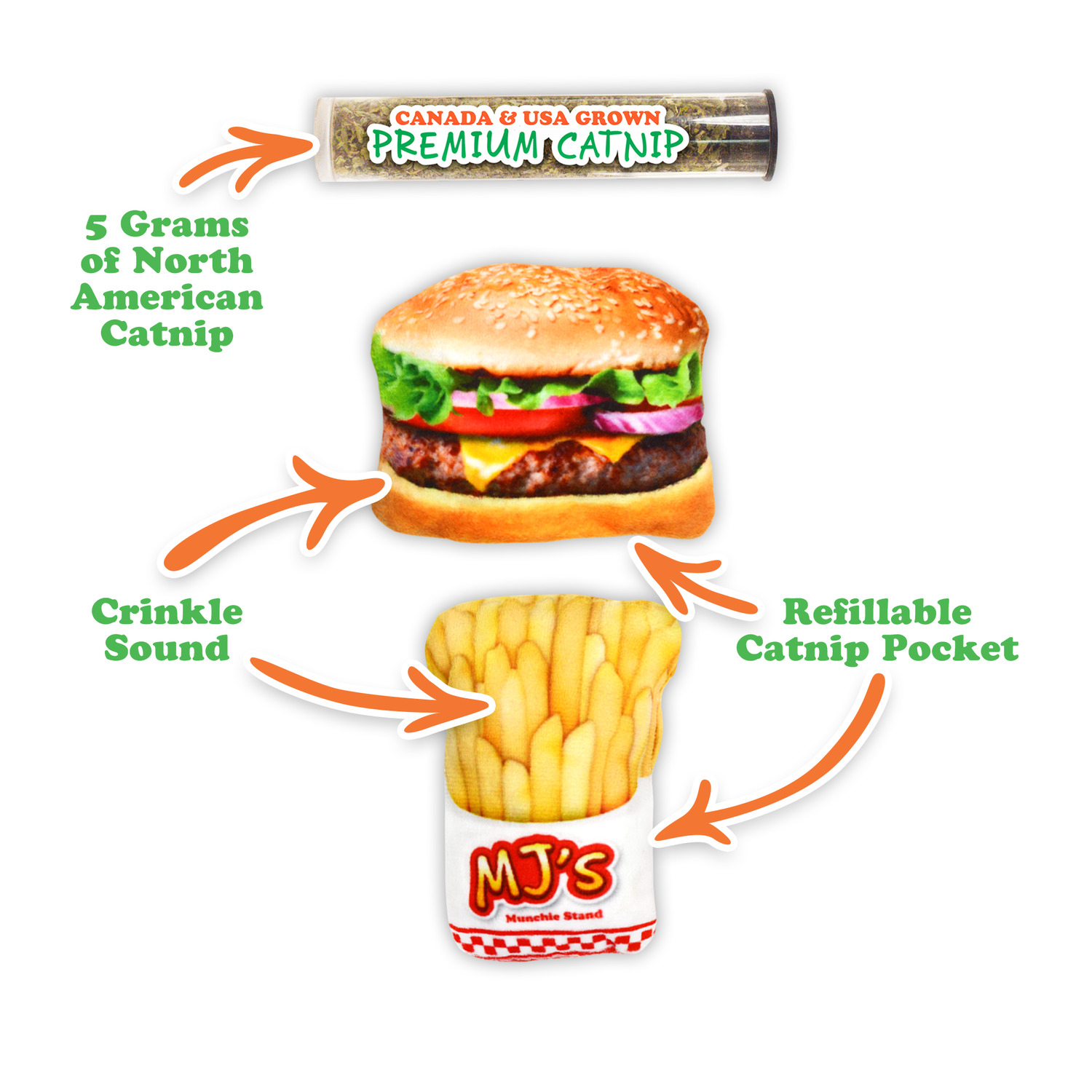 Meowijuana Get Hungry Burger And Fries Refillable Catnip Toy - 2 Pack
