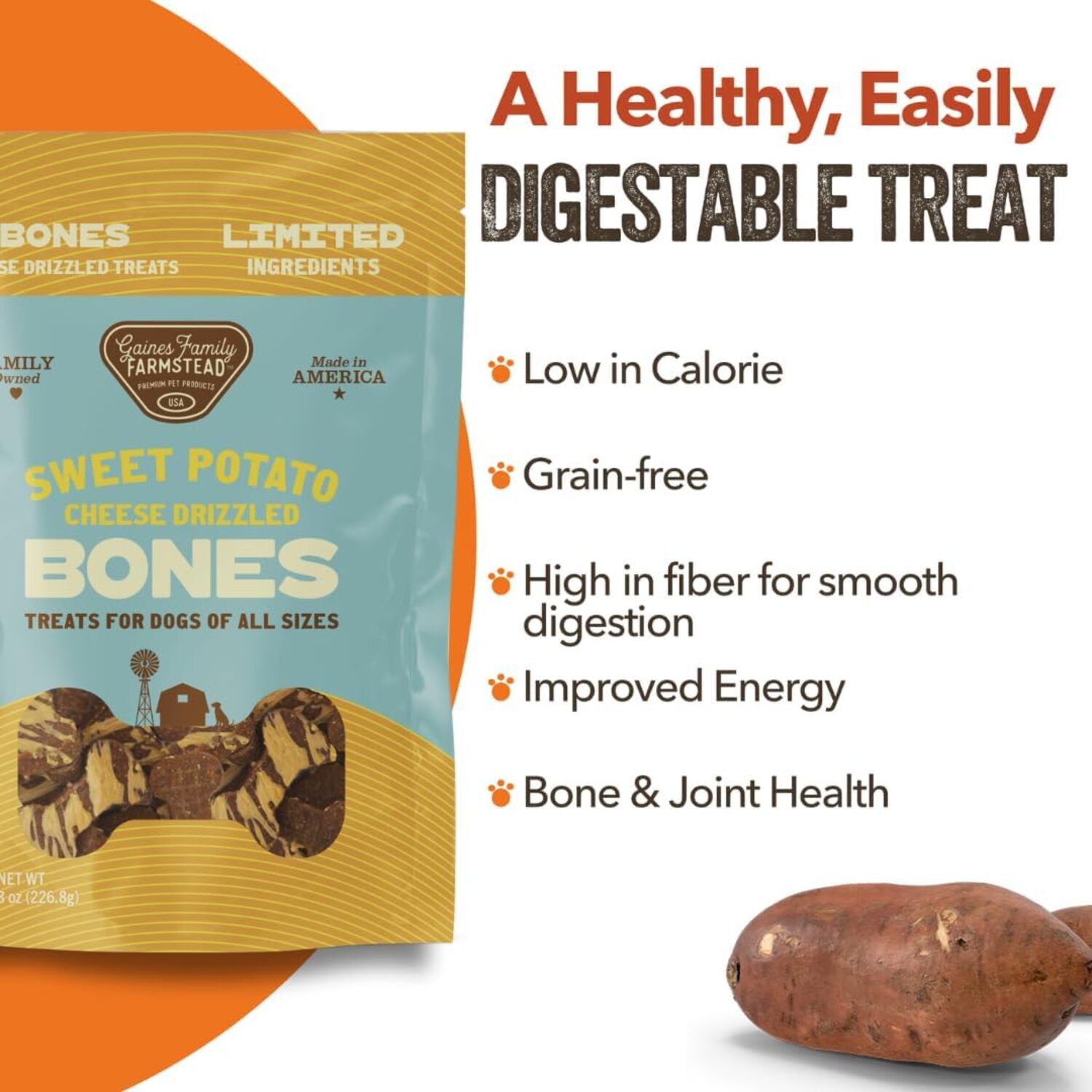 Gaines Family Farmstead Cheese Drizzled Sweet Potato Bones Dog Treats, 8Oz