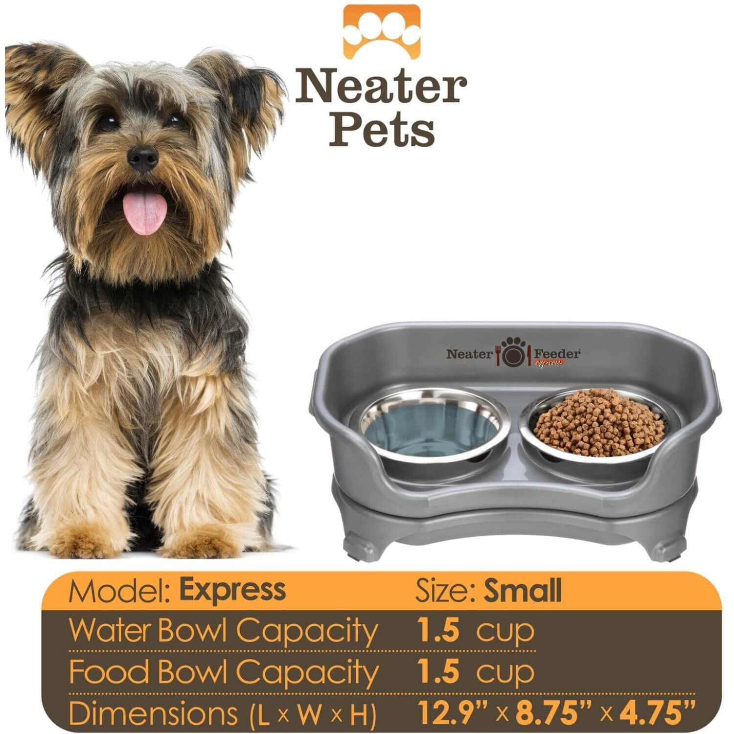Neater Pets Neater Feeder Express Elevated Mess-Proof Bowls For Small Dogs, Gunmetal