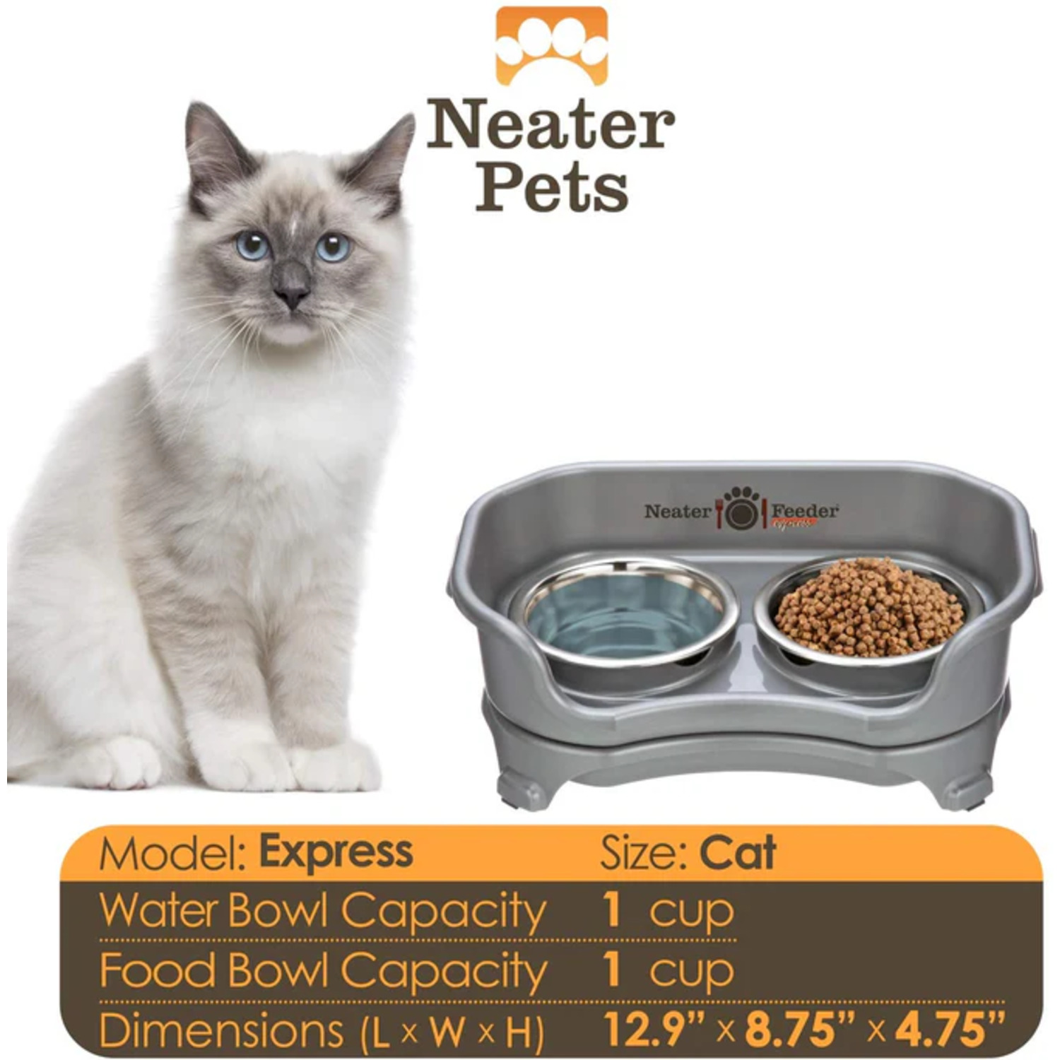 Neater Pets Neater Feeder Express Elevated Cat Feeder With Stainless Steel Bowls, Grey