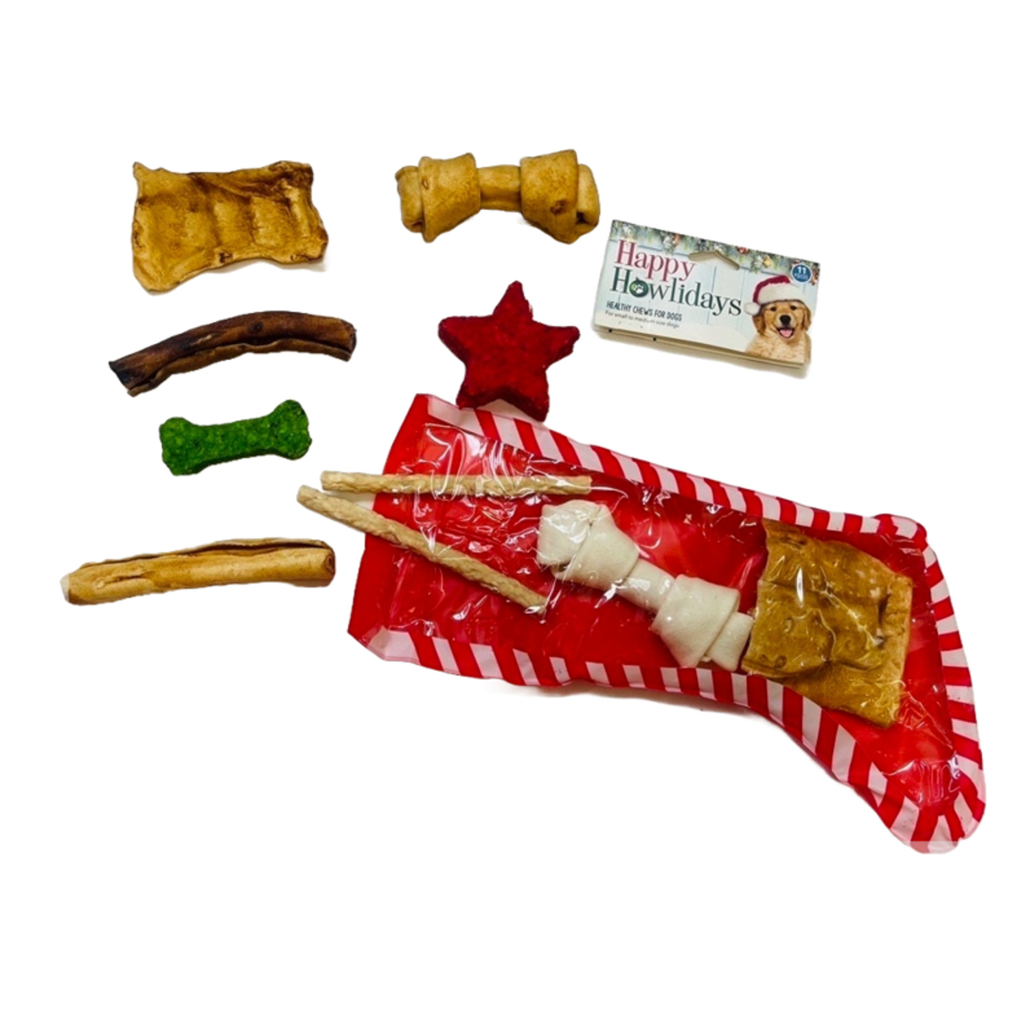 Pet Factory Holiday Stocking With Assorted Healthy American Beefhide Dog Chews For Small To Medium Sized Dogs