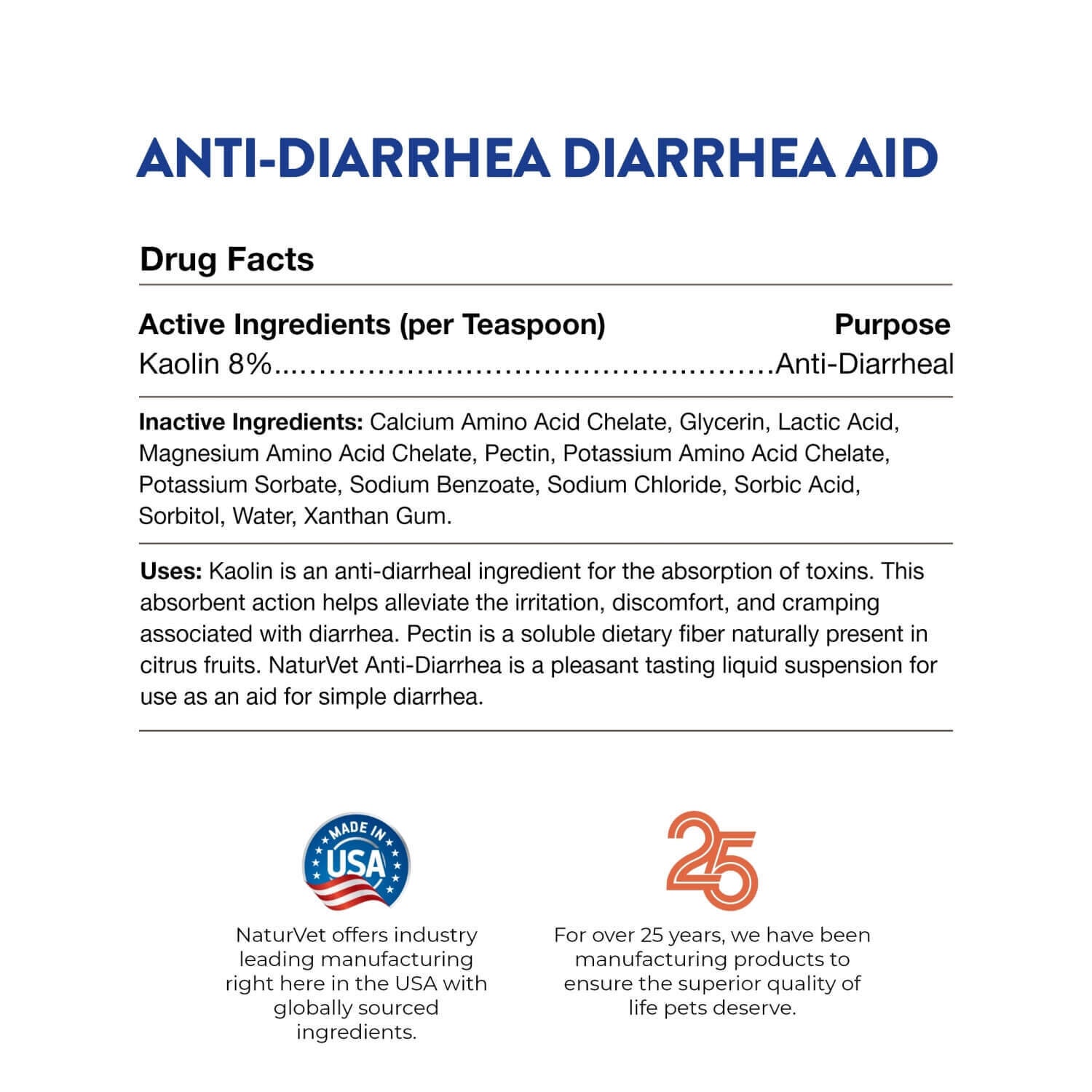 Naturvet Anti-Diarrhea + Kaolin Liquid Diarrhea Aid For Dogs & Cats