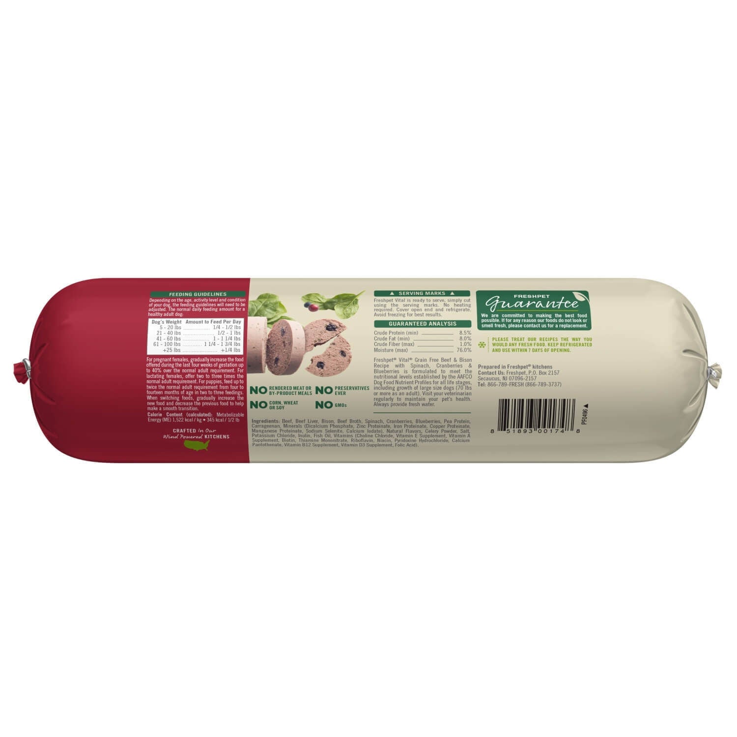 Freshpet Vital Grain Free Fresh Dog Food, Beef & Bison Roll Recipe