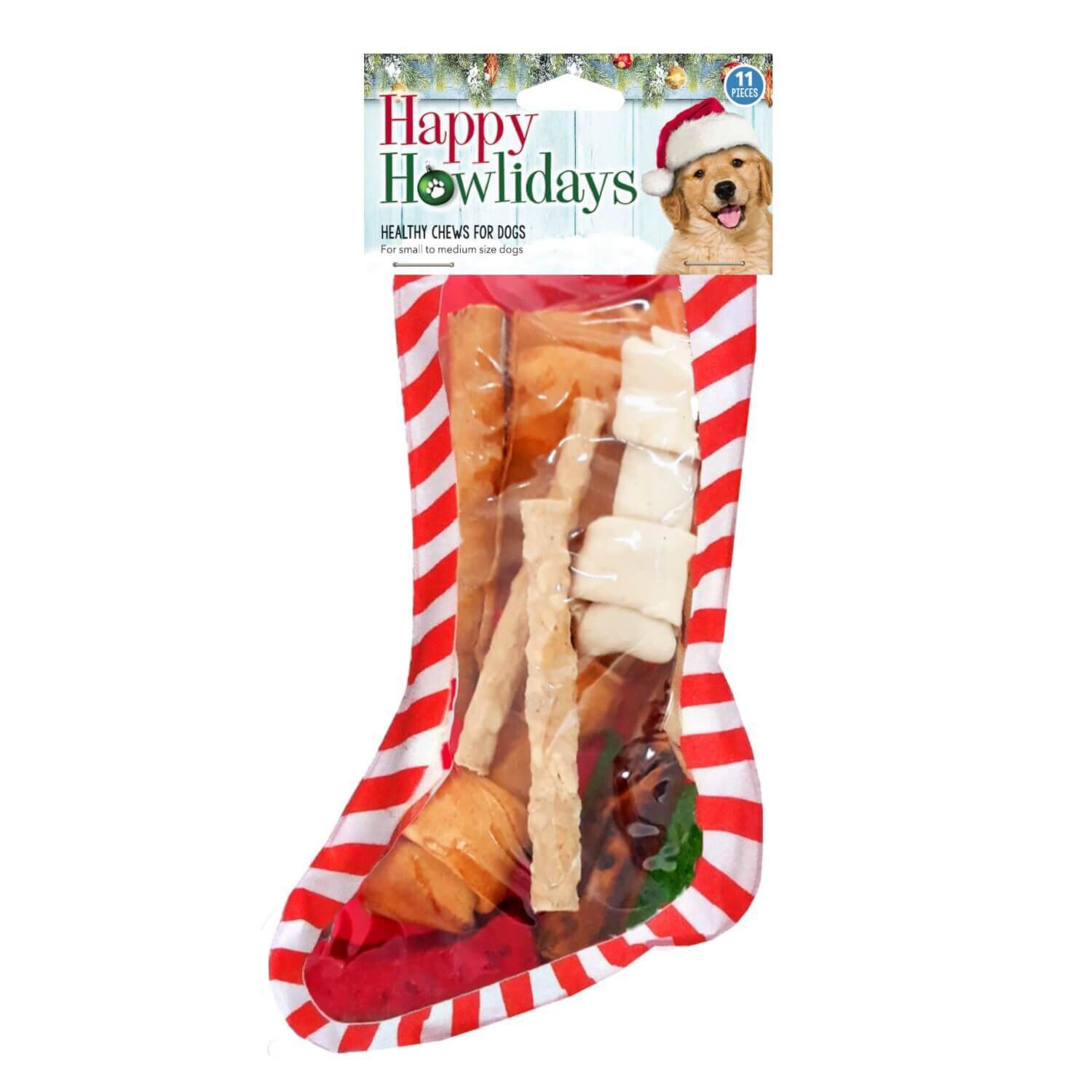 Pet Factory Holiday Stocking With Assorted Healthy American Beefhide Dog Chews For Small To Medium Sized Dogs