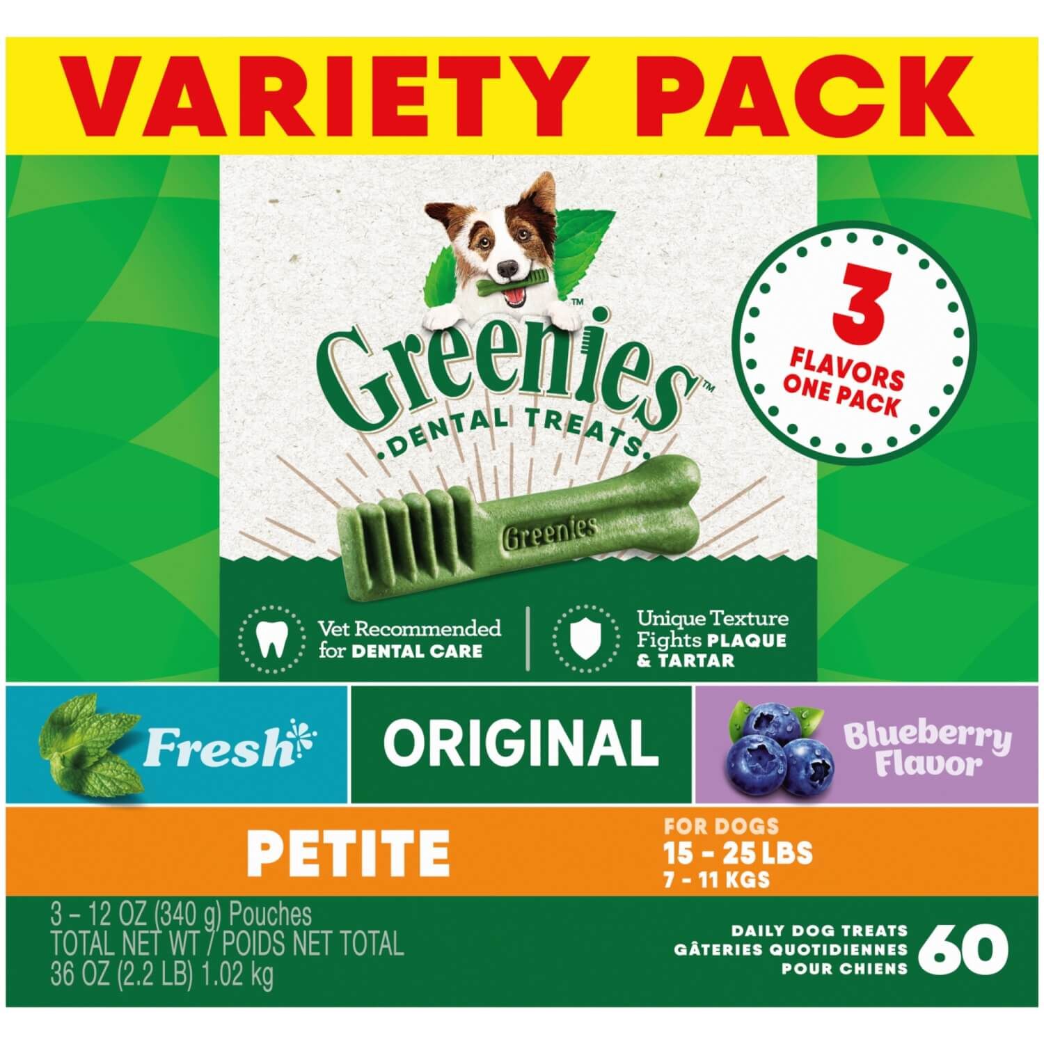 Greenies Natural Dental Care Dog Treats, Petite, Three Flavor Variety Pack
