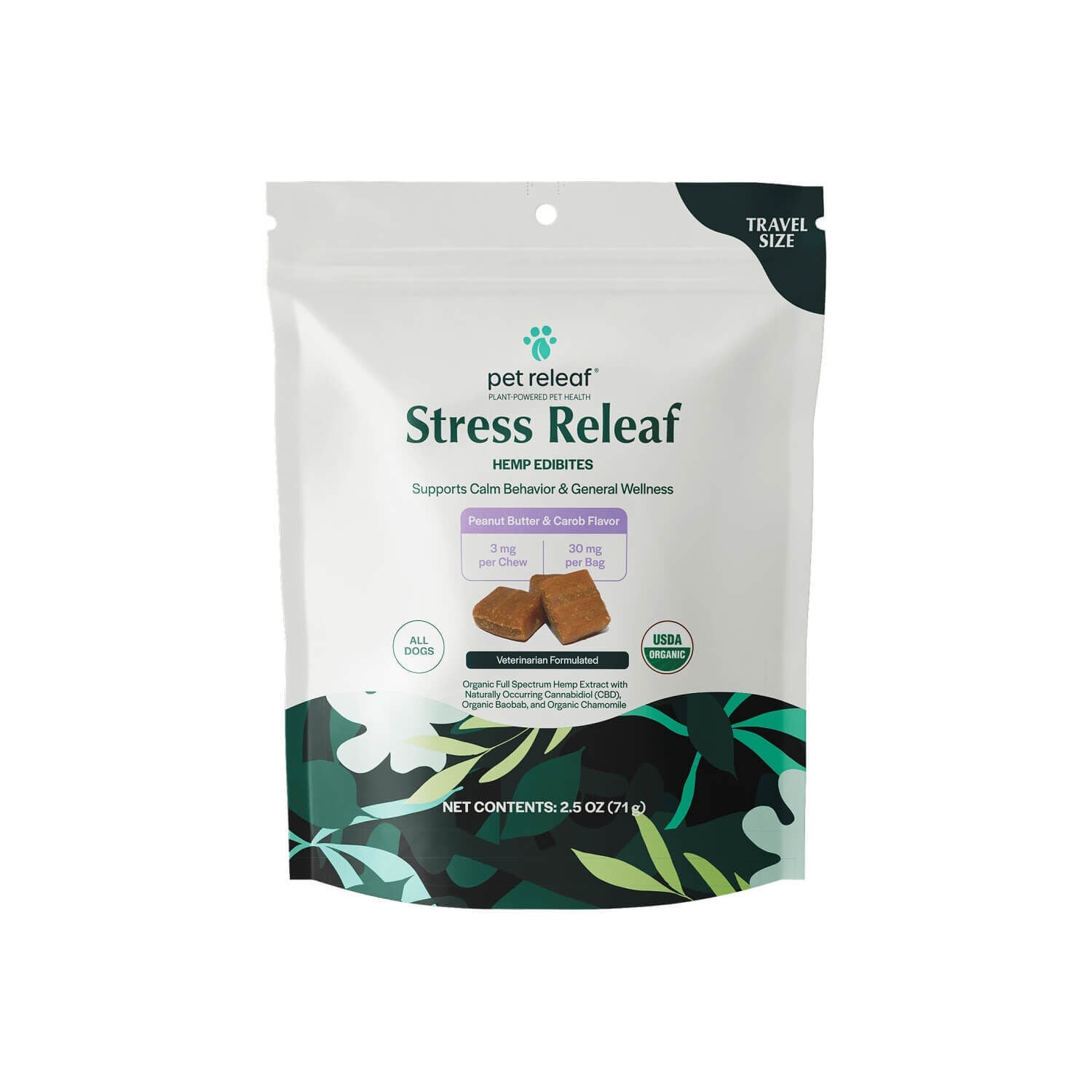 Pet Releaf 3Mg Stress Releaf Edibites Peanut Butter And Carob Small Dog Cbd Chews, 2.5-Oz Travel Size