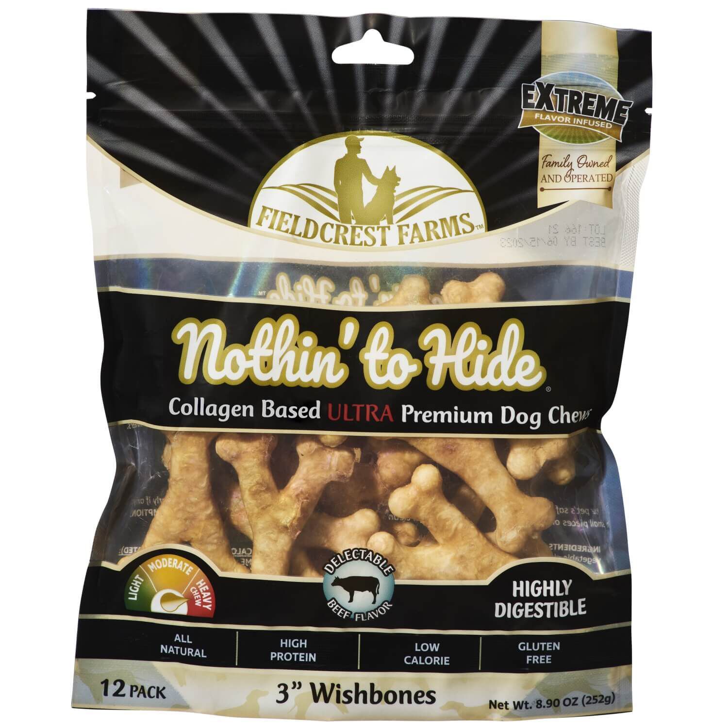 Nothin' To Hide Collagen Based Ultra Wishbone, 3" Beef Flavor Chews Dog Treats, 12 Count
