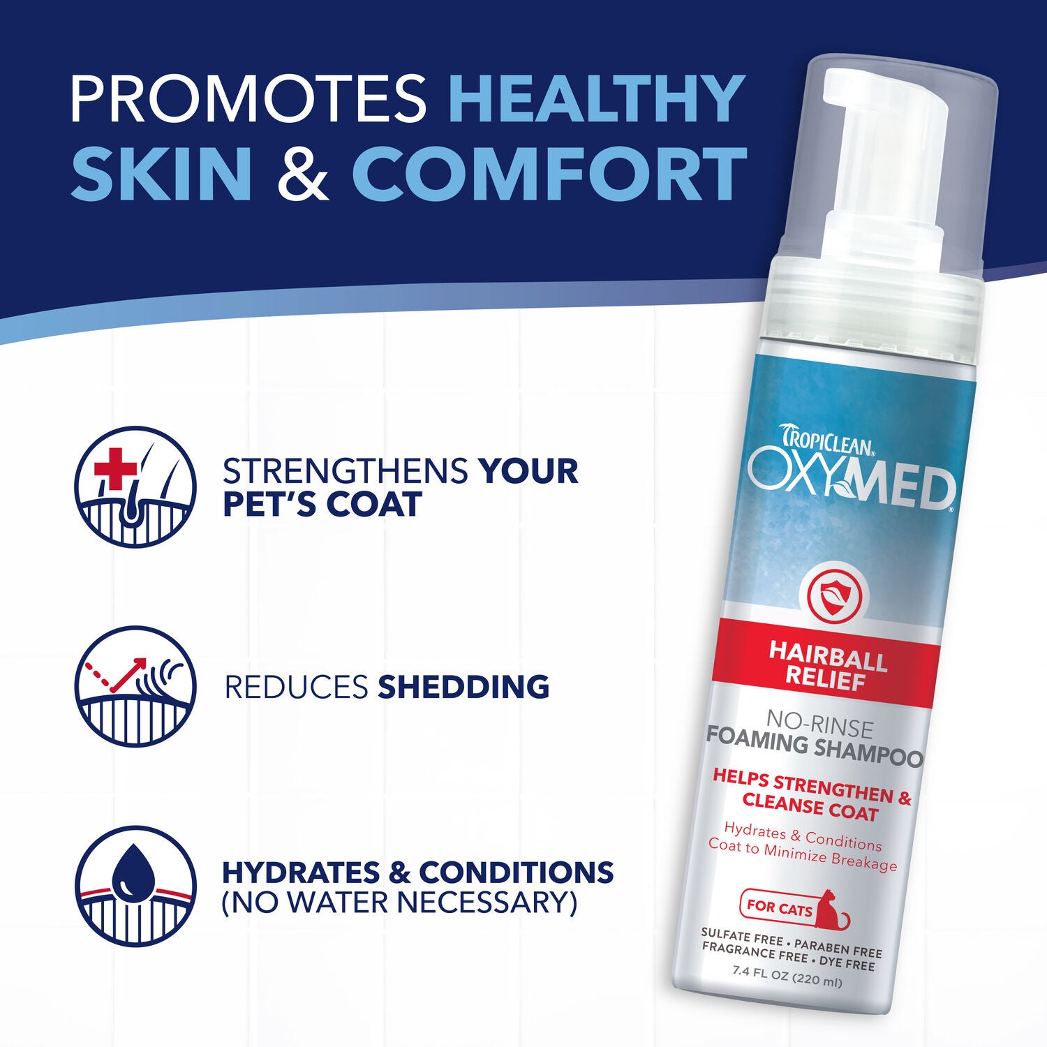 Tropiclean Oxymed Hairball Relief Waterless Foaming Cat Shampoo, 7.4Oz