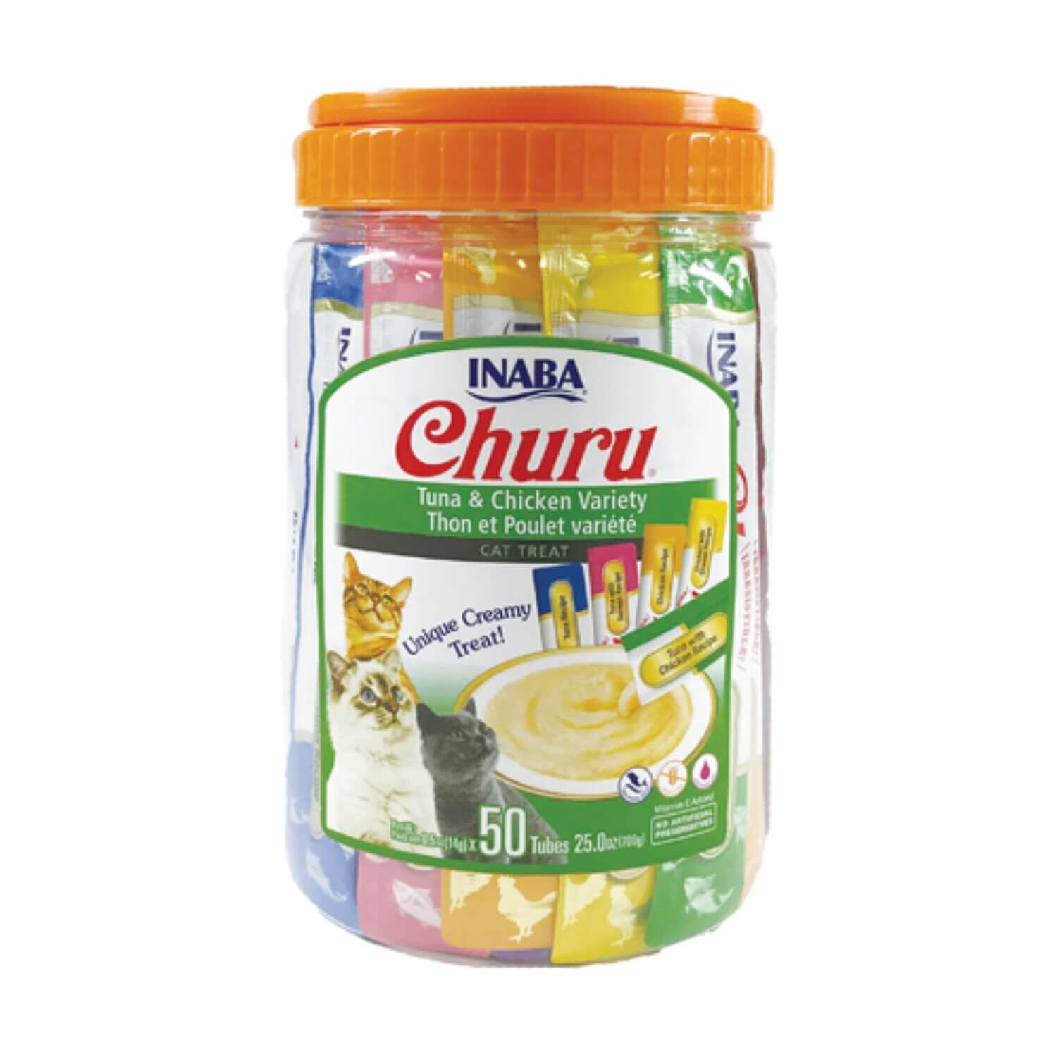 Inaba Churu Grain-Free Lickable Squeezable Creamy Cat Treats, Tuna & Chicken Variety Pack, 50 Ct