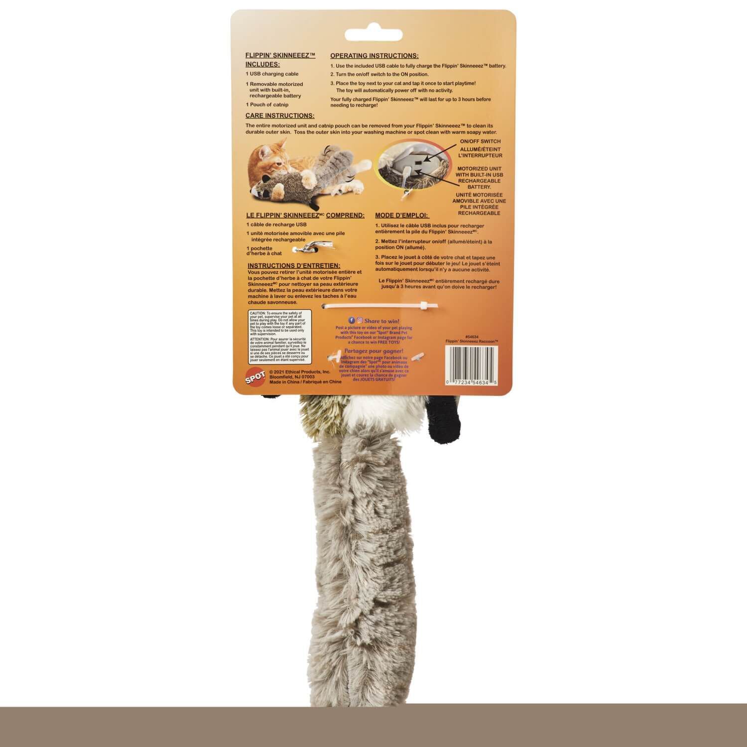 Spot Flippin' Skinneeez Raccoon Interactive Catnip Cat Toy, 15"