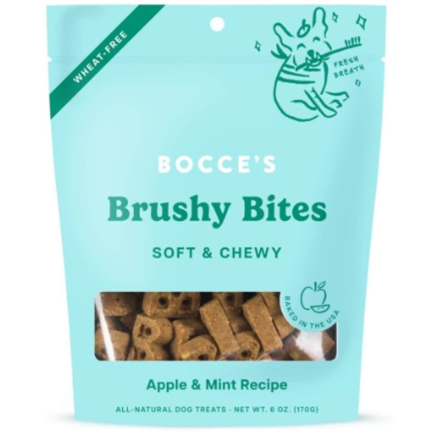 Bocce's Bakery Dailies Brushy Bites Soft & Chewy Apple & Mint Biscuit Dog Treats, 6 Oz